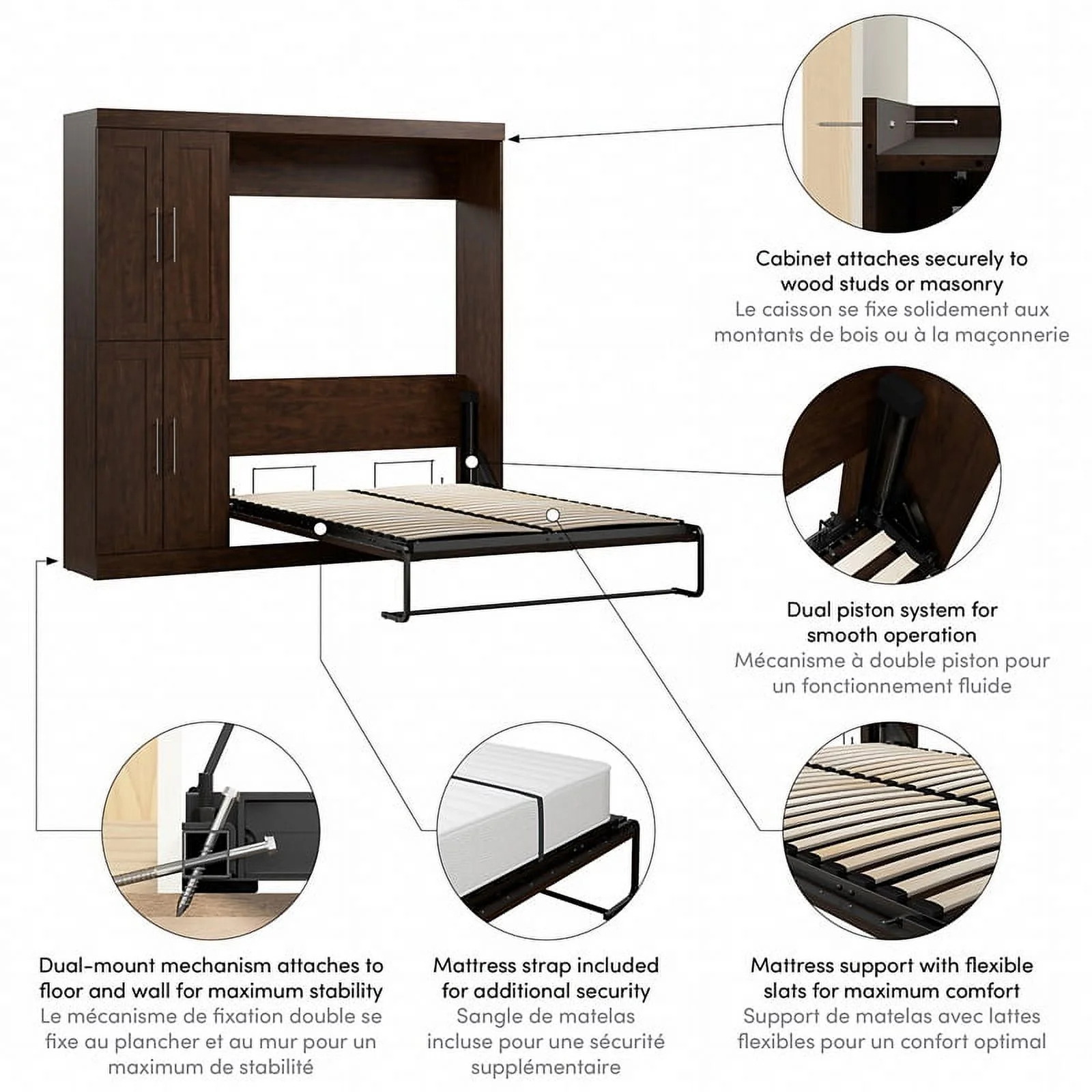 Bestar Pur 84W Engineered Wood Full Murphy Bed w/ Closet Organizer in Chocolate