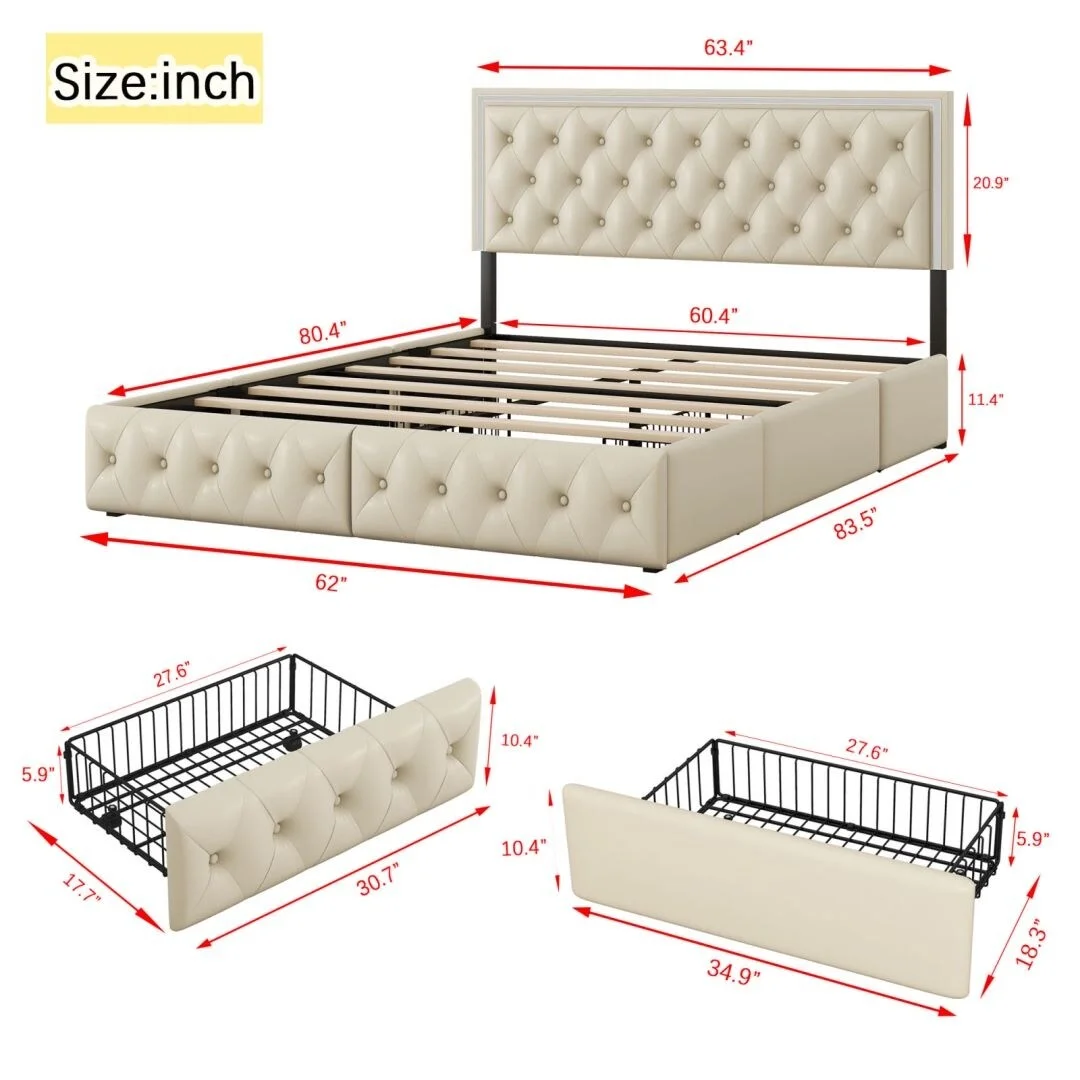 PU Leather Queen Bed Frame with 4 Storage Drawers and LED Headboard Beige