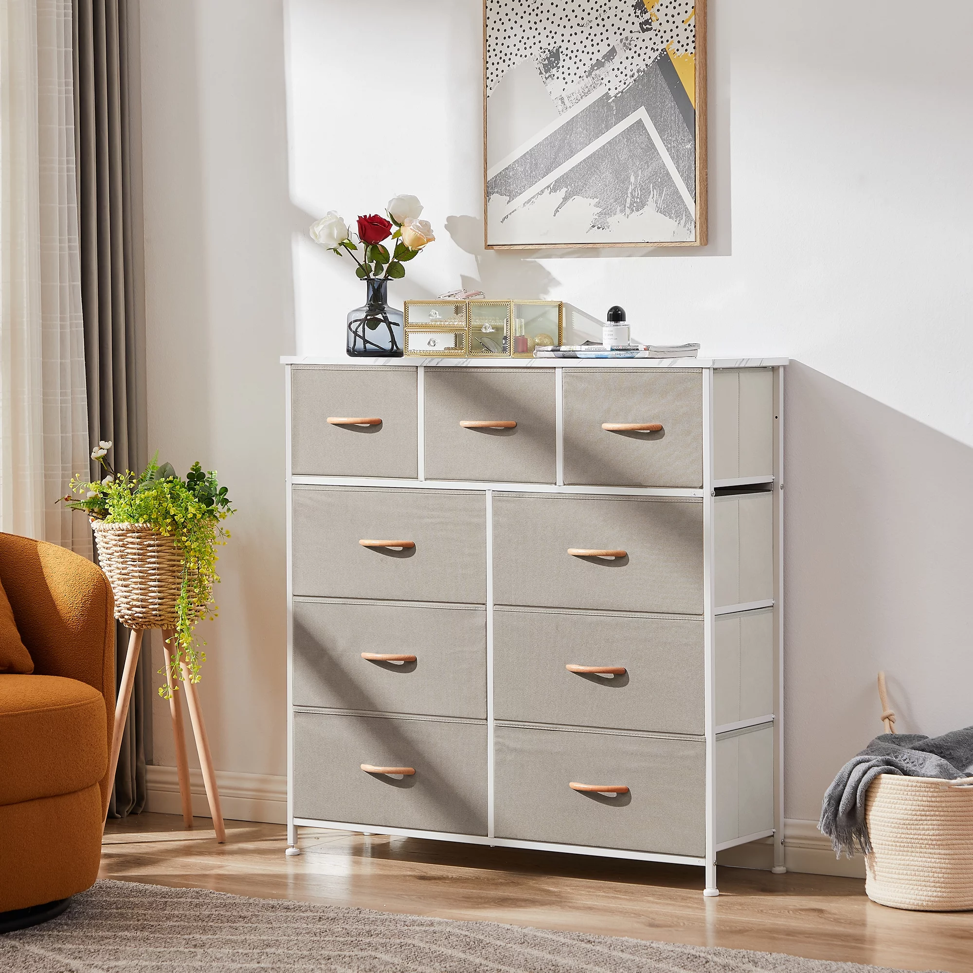 Bigroof Dresser for Bedroom with 9 Drawers, Clothes Drawer Fabric Closet Organizer, Cloth Dresser with Metal Frame and Wood Tabletop Chest Storage Tower for Closet, Nursery, Living Room, Entryway