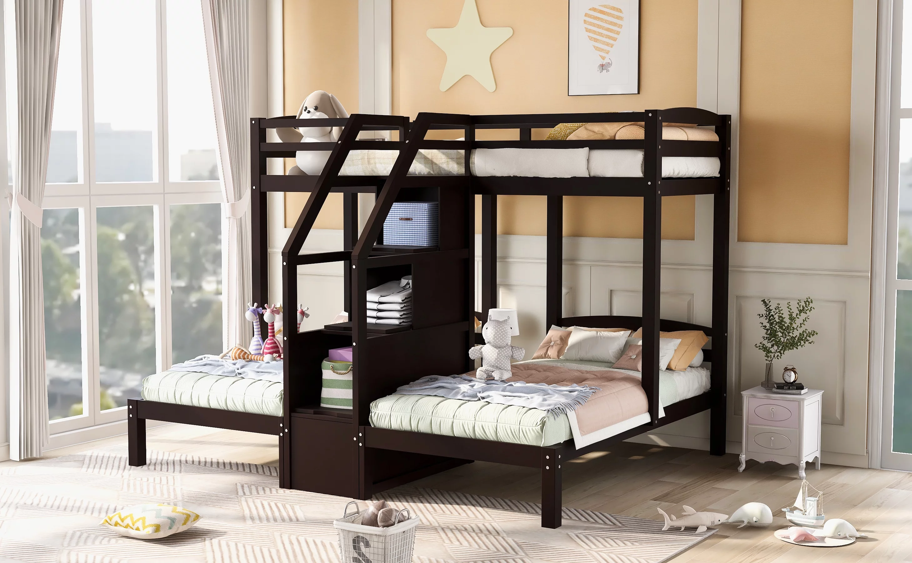 EUROCO Twin over Twin & Twin Bunk Bed with Staircase and Drawers for Kids Bedroom, 3-in-1 Bunk for More Kids, Storage Staircase, Espresso