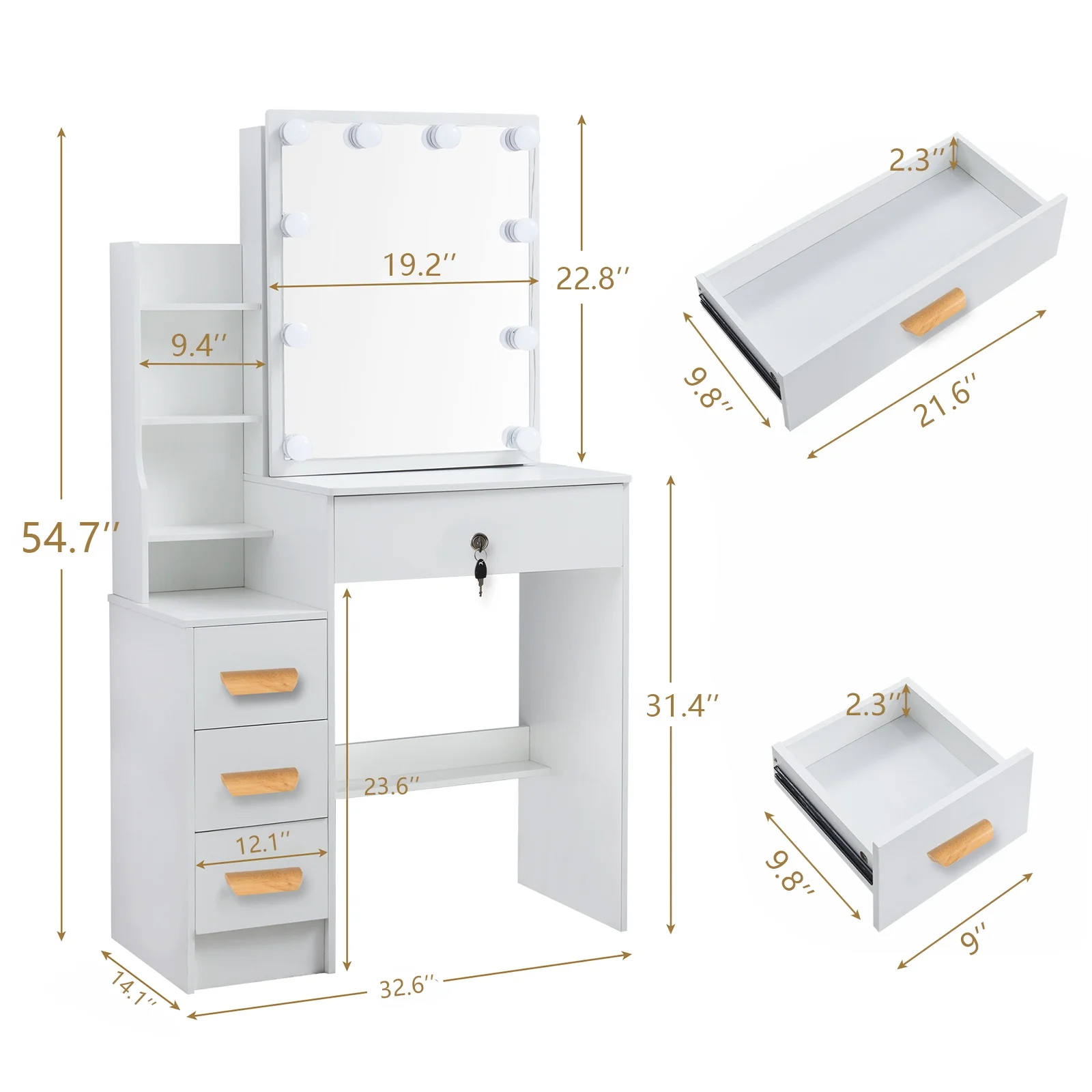 Ciumeeo Makeup Vanity Table with Lighted Mirror, Vanity Desk with Storage Shelves,3 Lighting Modes, Brightness Adjustable, Writing Desk with 4 Drawers White