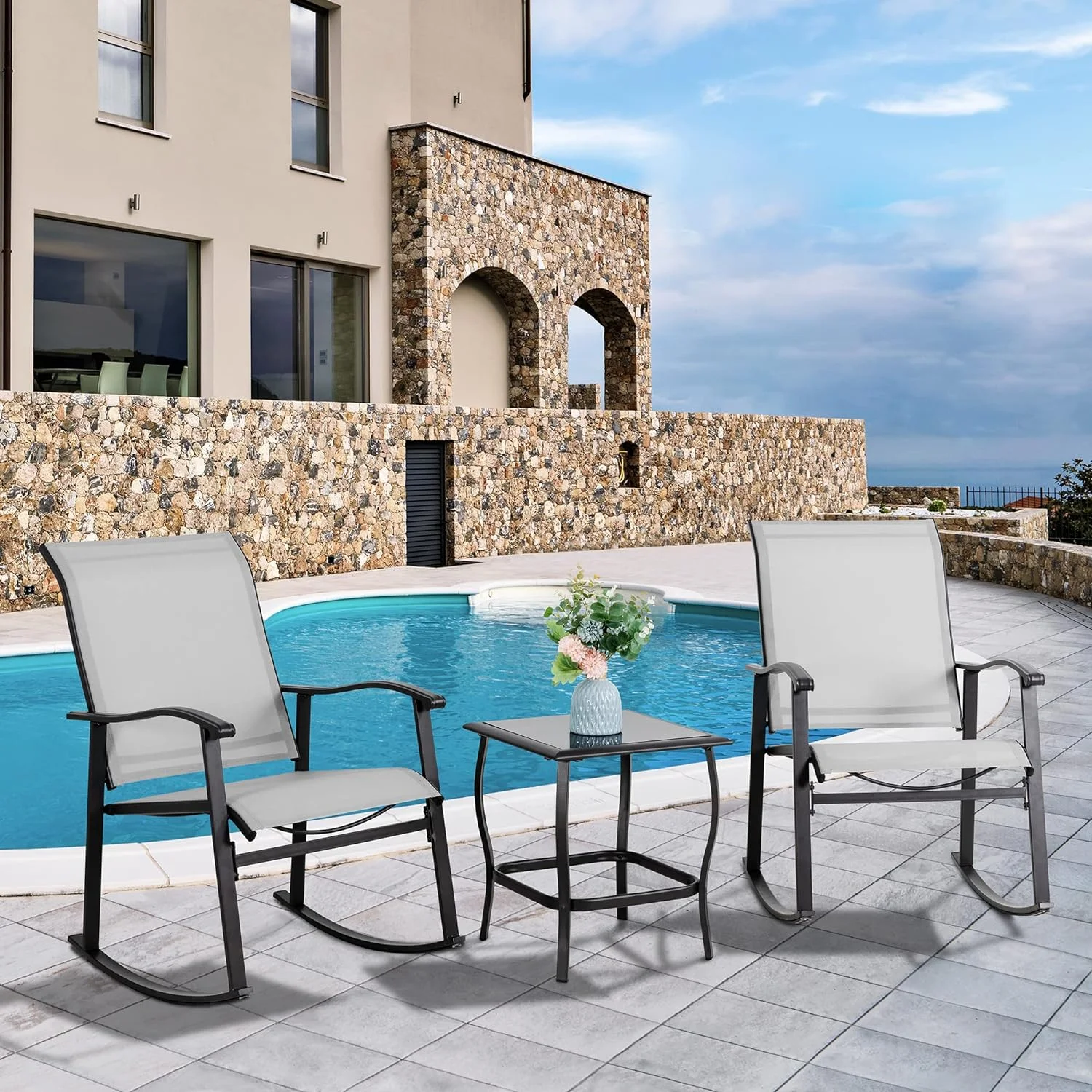 Vongrasig 3 Piece Outdoor Rocking Bistro Set, Textilene Fabric Small Patio Furniture Set, Front Porch Rocker Chairs Conversation Set with Glass Table for Lawn, Garden, Balcony, Poolside (White)
