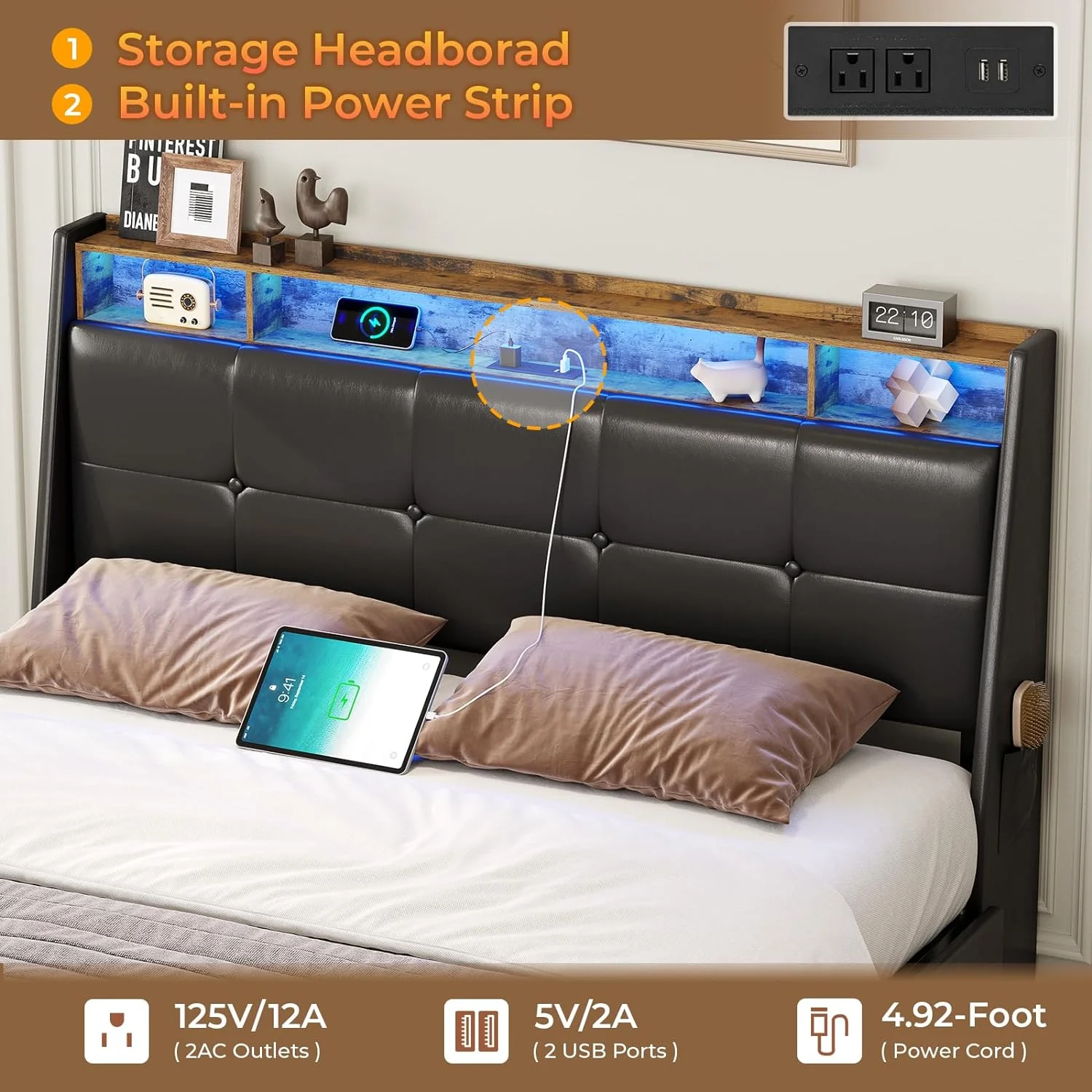 Queen Bed Frame with Storage Headboard and Drawers, Bed Frame with LED Light and Charging Station, Wooden Slats, PU Leather,No Box Spring Needed
