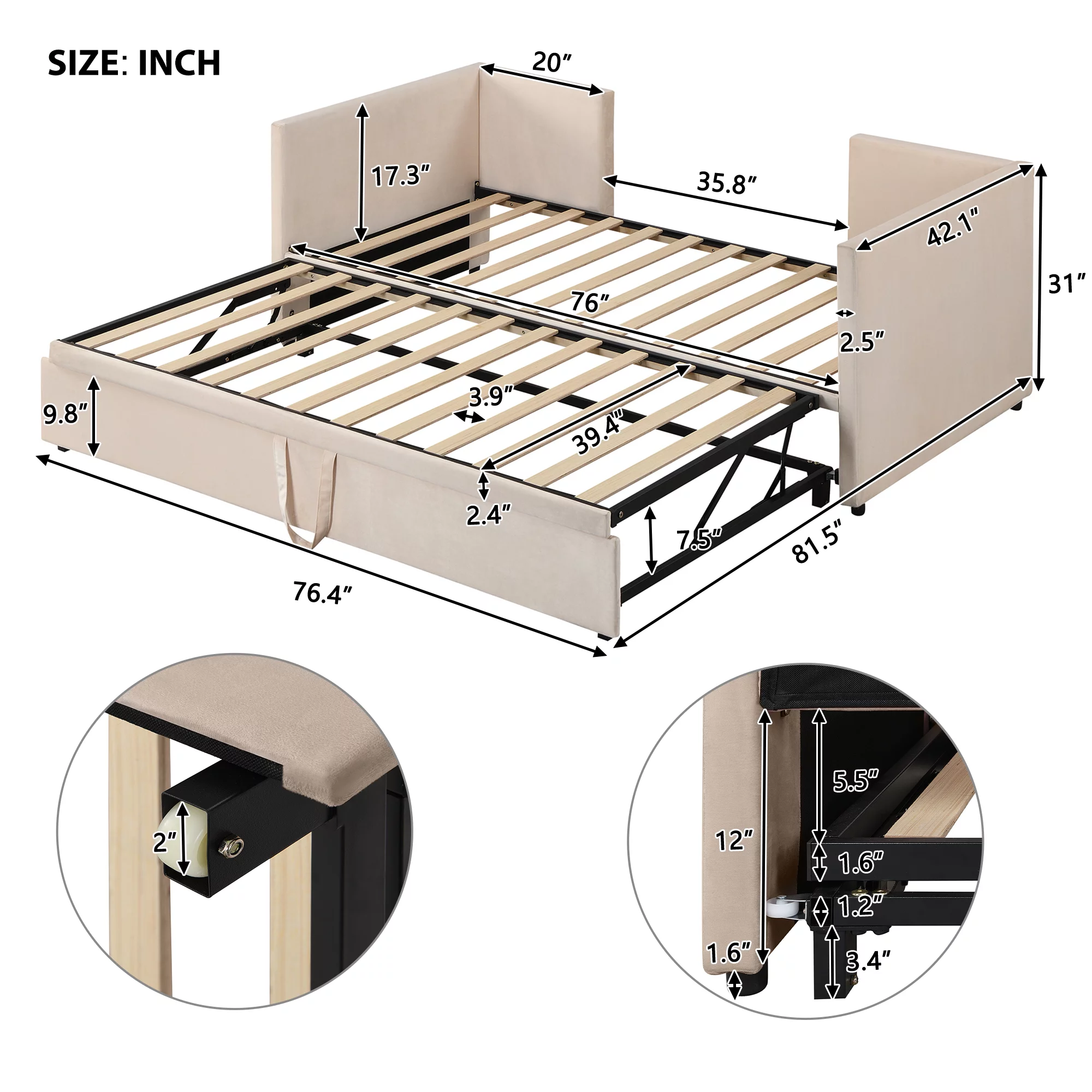 Bellemave Upholstered Daybed with Pop up Trundle, Wooden Twin Size Sofa Beds with Extendable Trundle Beds, Twin to King Daybed Frame for Bedroom or Living Room (Beige)