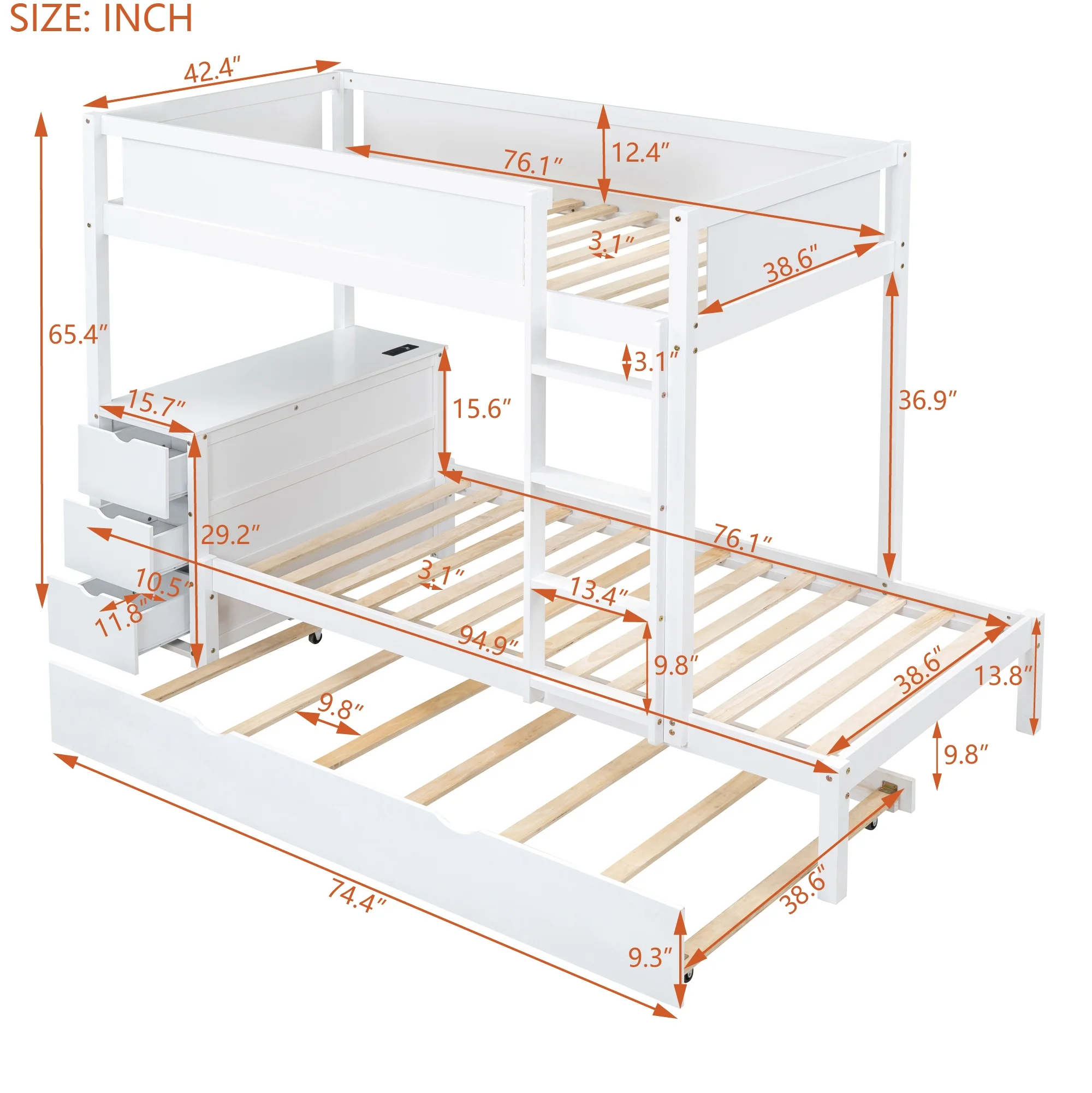 Euroco Twin over Twin Bunk Bed with Desk and Trundle, USB Charging Staion and 3 Drawers for Kids Teens Adults, White
