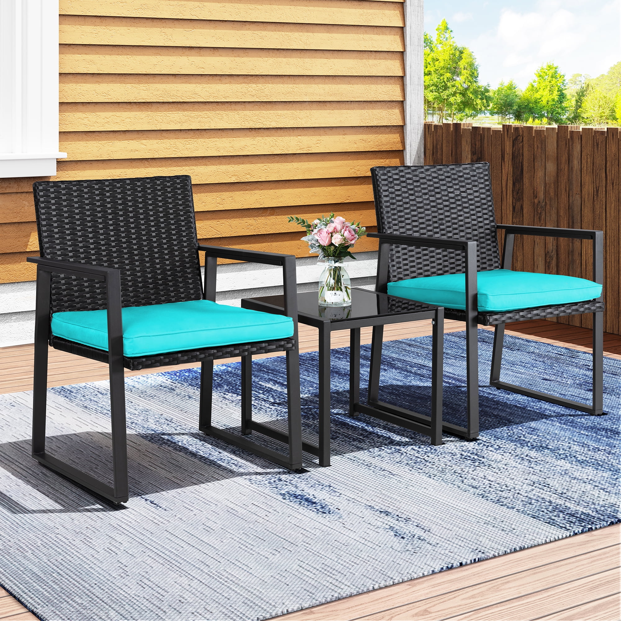 3 Piece Patio Bistro Sets, Outdoor Rattan Chairs & Black Wicker Furniture Conversation Set Blue