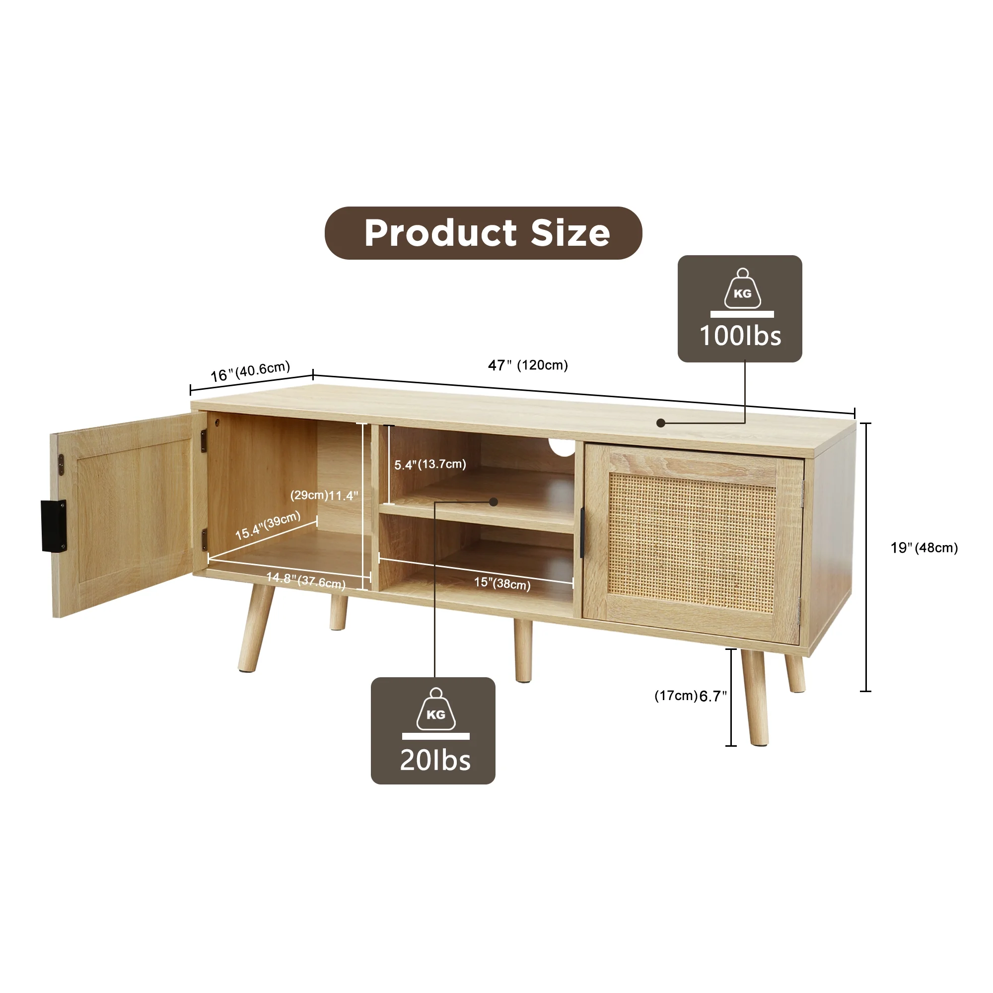 Eumyviv Farmhouse TV Stands for 55 Inch TV,Wood Media Entertainment Center Cabinet Console Table with 2 Rattan Doors, Natural Oak, H0015