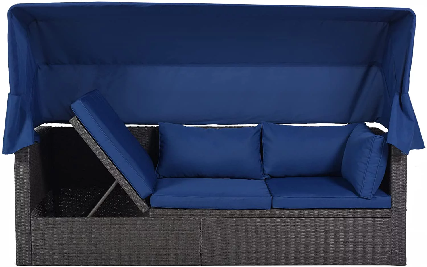 Outdoor Patio Rectangle Daybed with Retractable Canopy,All-Weather Wicker Sectional Furniture Set with Cushions and Lifting Table for Backyard Porch, Blue