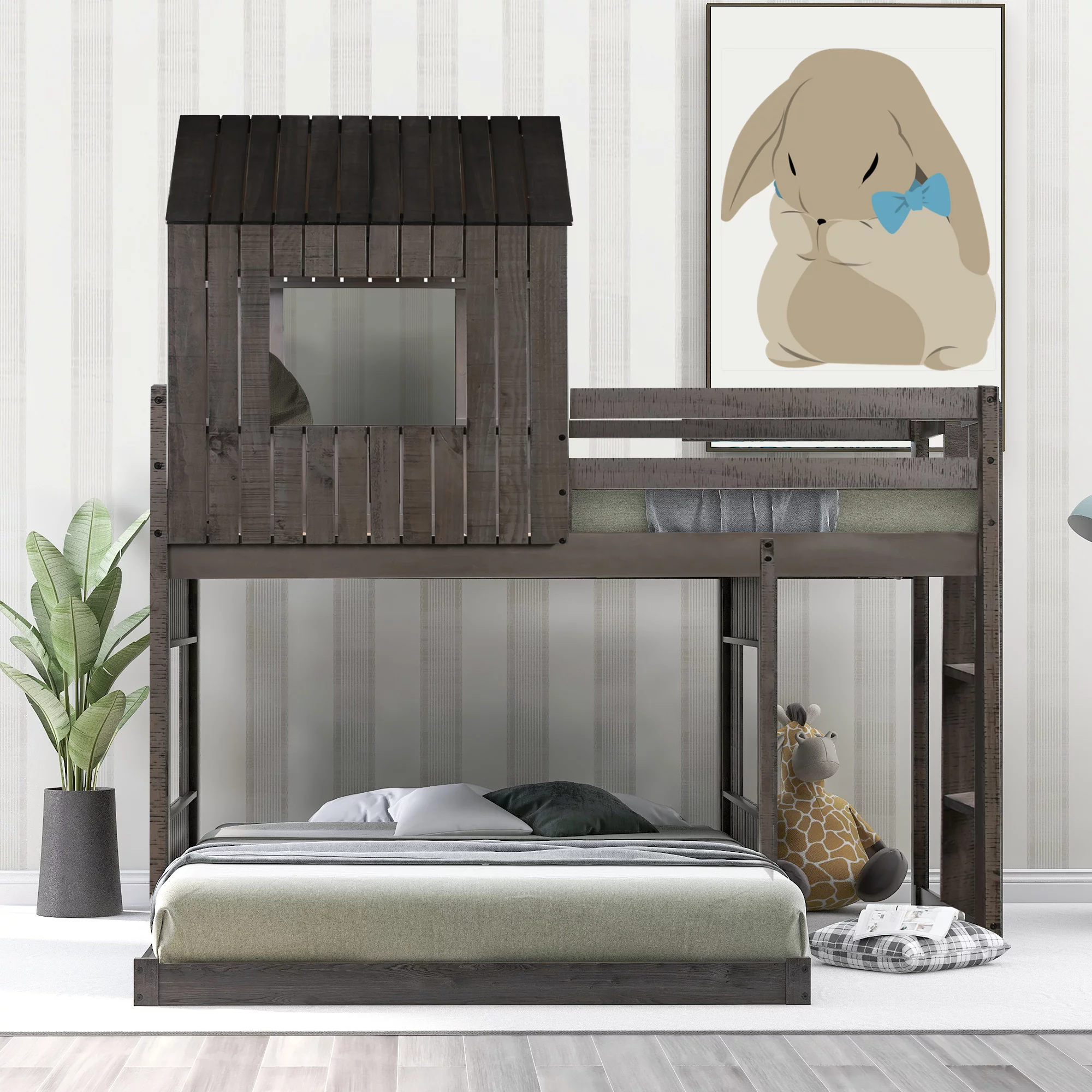 Royard Oaktree Twin Over Full House Bunk Beds with Roof and Windows Wooden Bunk Bed Frame with Ladder and Guardrails for Kids, Teens, Antique Gray