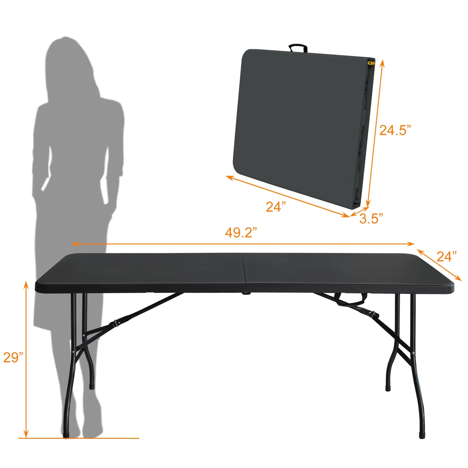 Homiyad 6ft Folding Table, Portable Plastic Table for Camping, Picnics, Parties, High Load Bearing Foldable Table Black