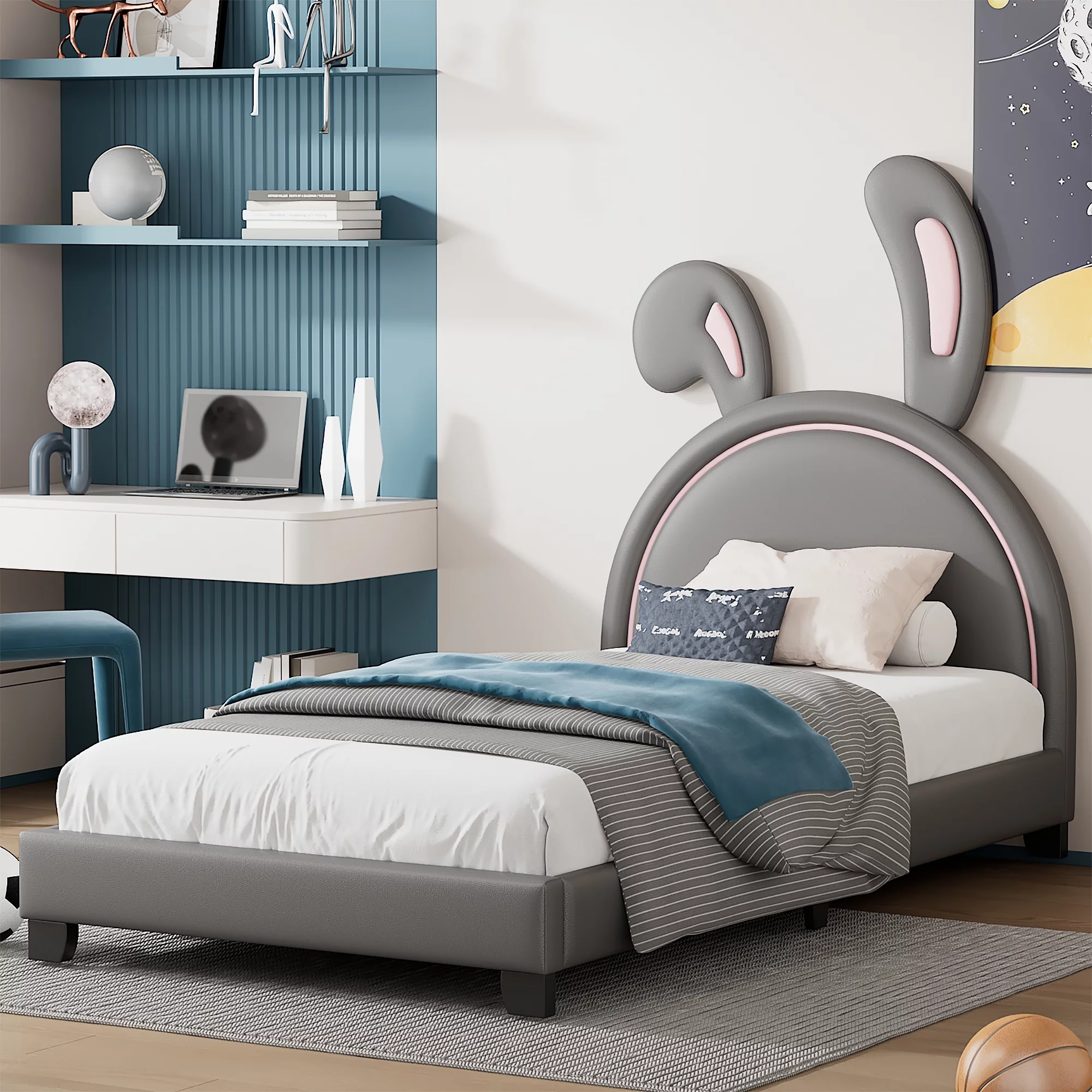 Sesslife Twin Bed for Kids Toddlers, Lovely Upholstered Leather Platform Bed with Rabbit Ornament, Twin Size Bed Frame with Headboard, Bedroom Single Bed for Girls Boys, No Box Spring Needed, Gray