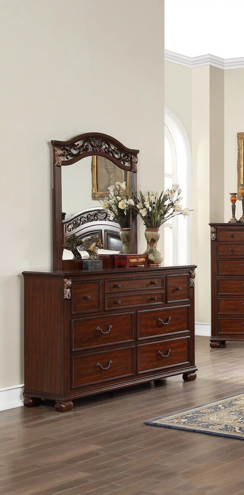 Royal Gorgeous Traditional Queen Bed Dresser Mirror Chest Wooden Brown Finish 4pc Set Bedroom Furniture