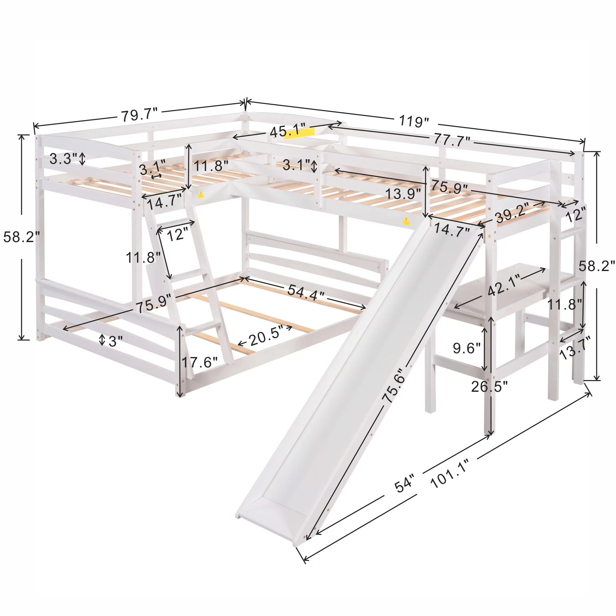 L Shaped Bunk Bed with Desk and Slide, Full-Length Guardrail, Wooden Twin over Full Bunk Corner Bed for Kids Teens Adults, 3 Beds in 1(White)
