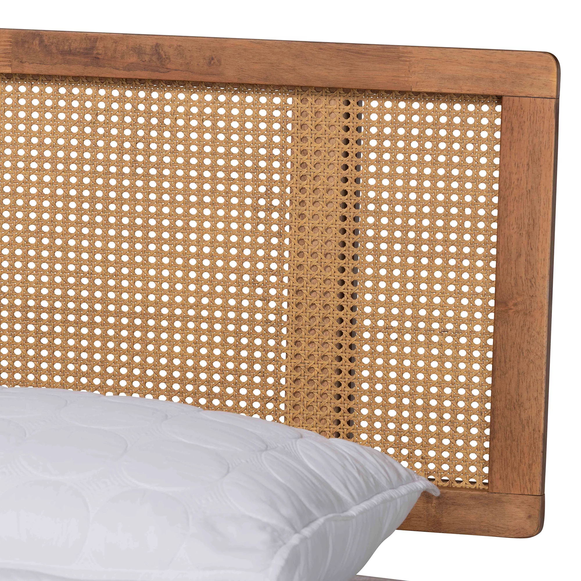 Baxton Studio Nura Mid-Century Modern Walnut Brown Finished Wood and Synthetic Rattan Queen Size Platform Bed