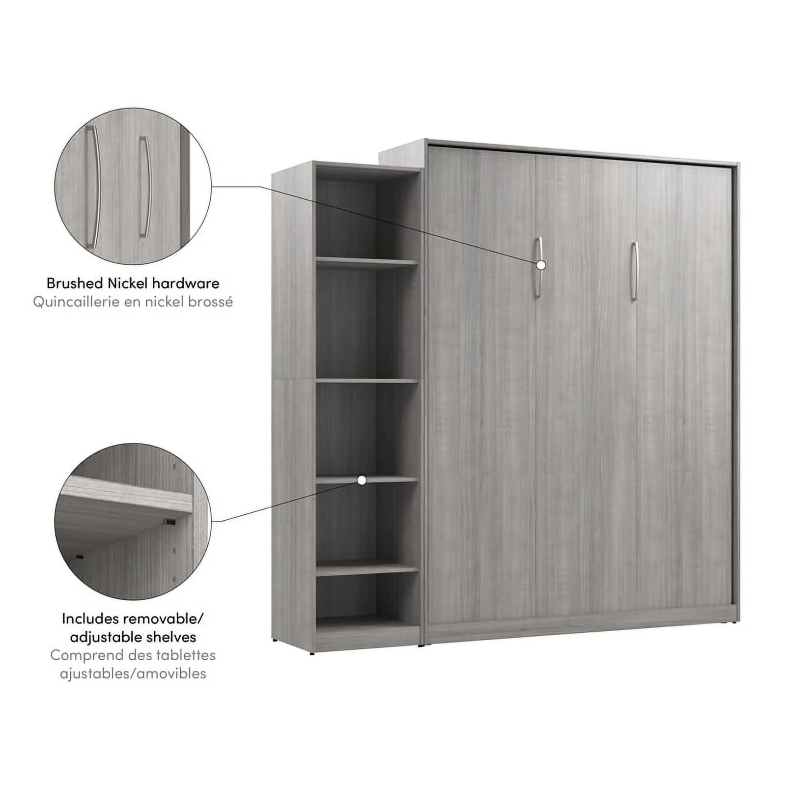 Bestar USA Claremont Wood Queen Murphy Bed with Closet Organizer in Gray