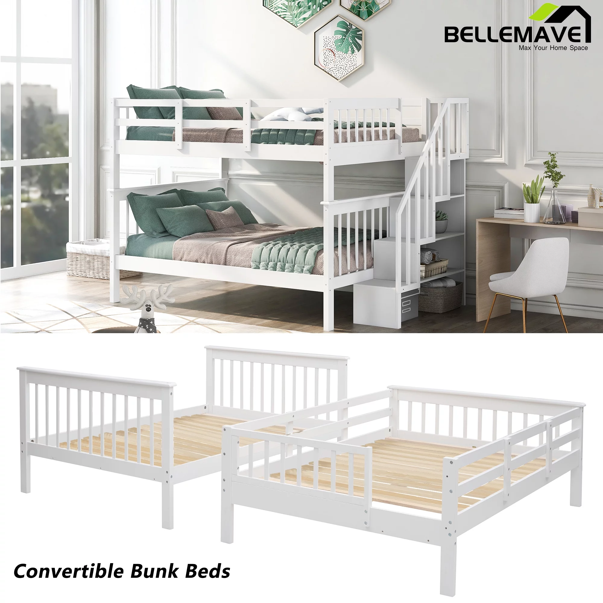 BELLEMAVE Full over Full Bunk Beds for Kids, Kids Bunk Beds with Storage Stairs and Full-Length Guardrail, Convertible Into 2 Bed, No Box Spring Needed(White)