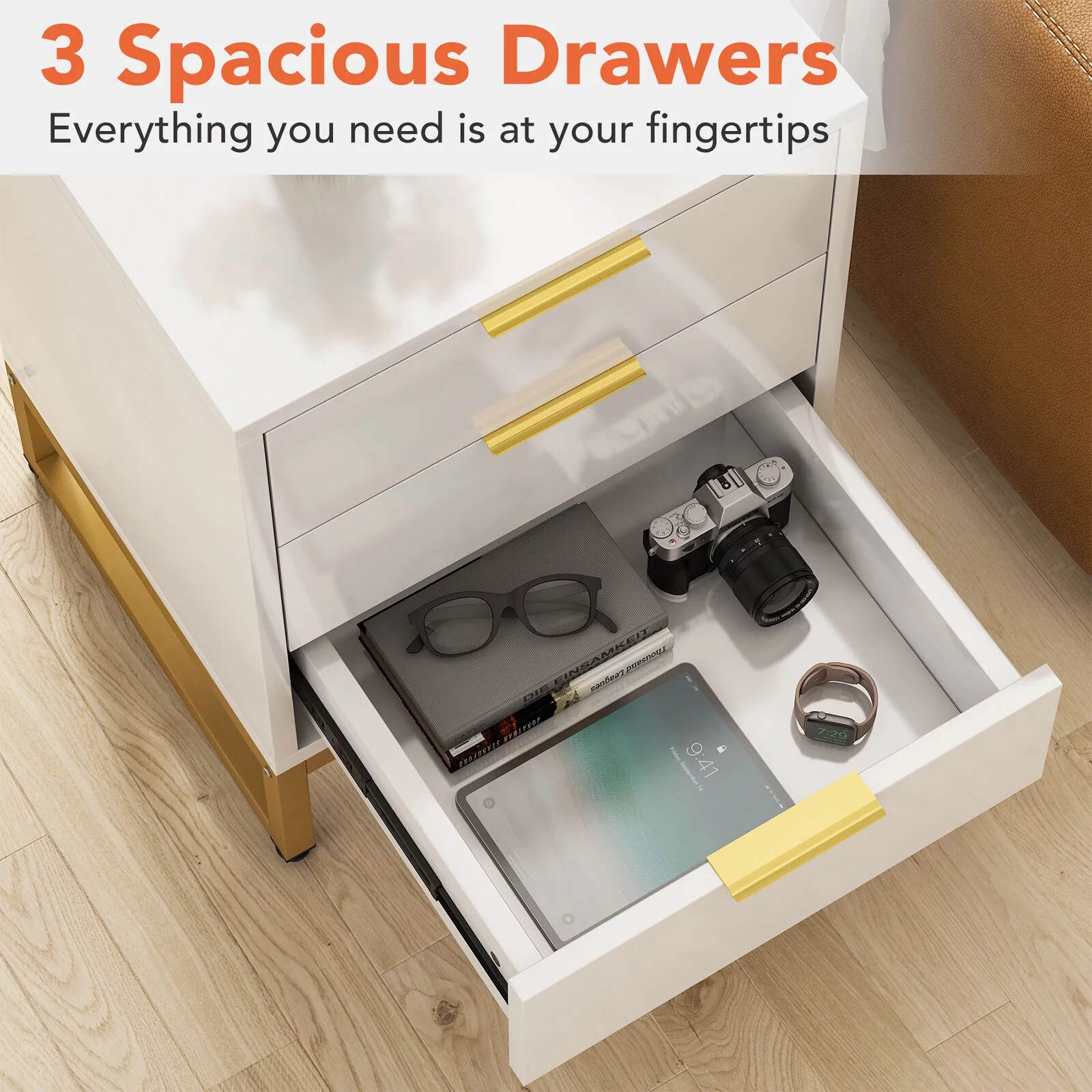Tribesigns 3 Drawers Nightstand, Living Room White & Gold Side End Table, Bedside Table with Metal Frame