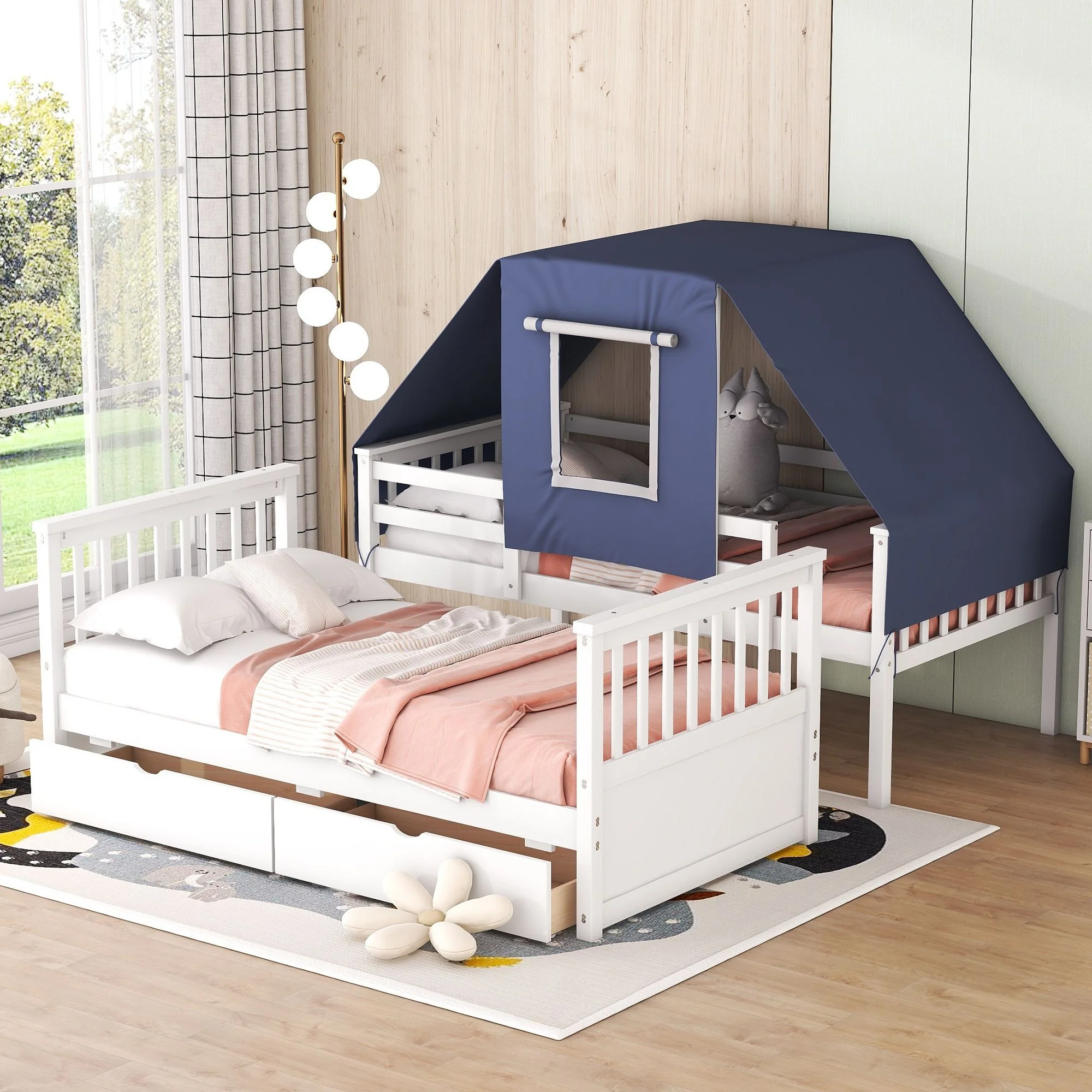 Twin Over Twin Bunk Bed with Tent and Drawers for Boys/Girls/Teens Bedroom, Wood Bed Frame with Safety Guardrail, No Box Spring Needed with Roof, Window
