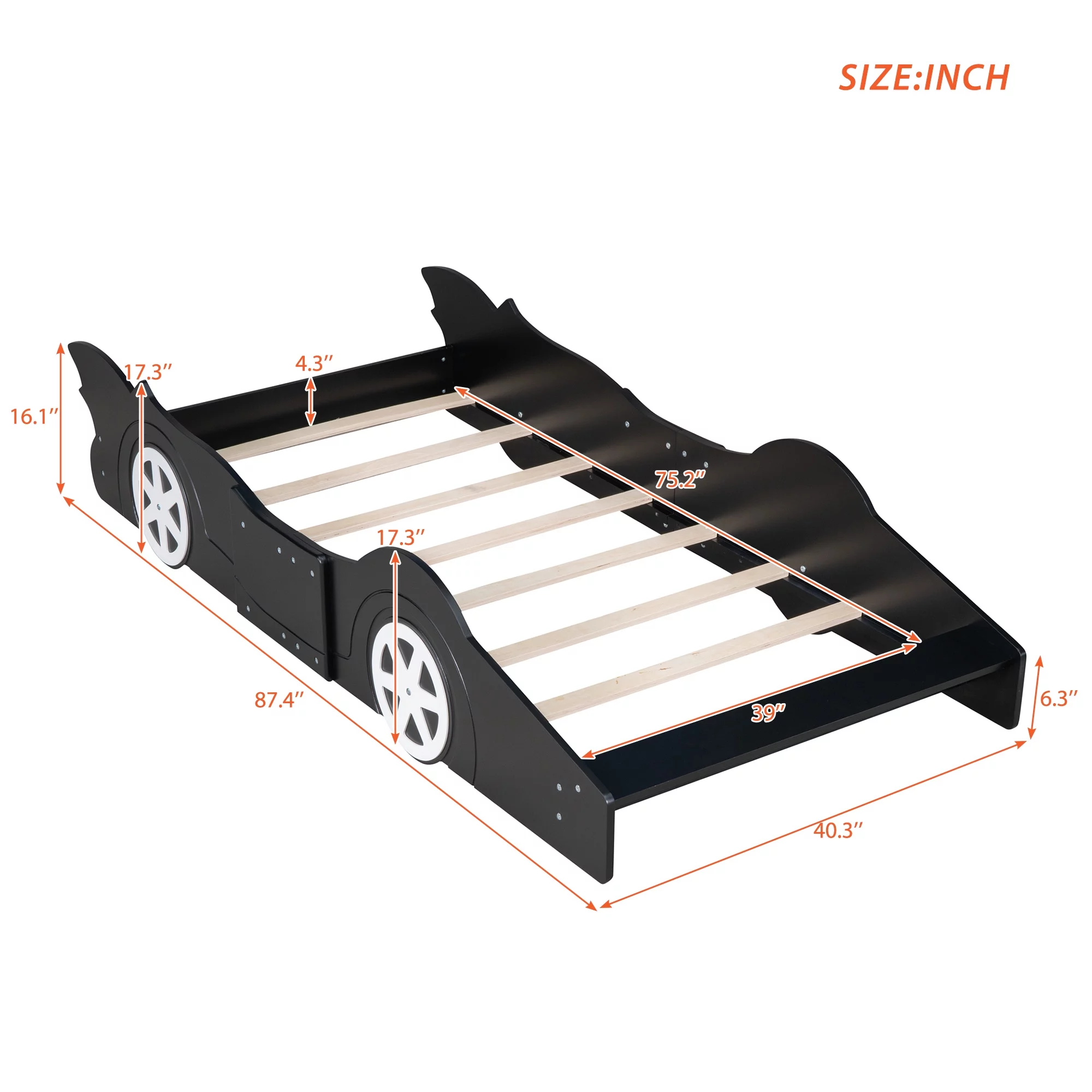 HSUNNS Twin Size Kids Race Car-Shaped Platform Bed with Wheels, Wooden Funny Twin Kids Bed Frame with 2 Sides Safety Rails for Boys Girls Toddlers Kids’ Bedroom, No Box Spring Needed, Black