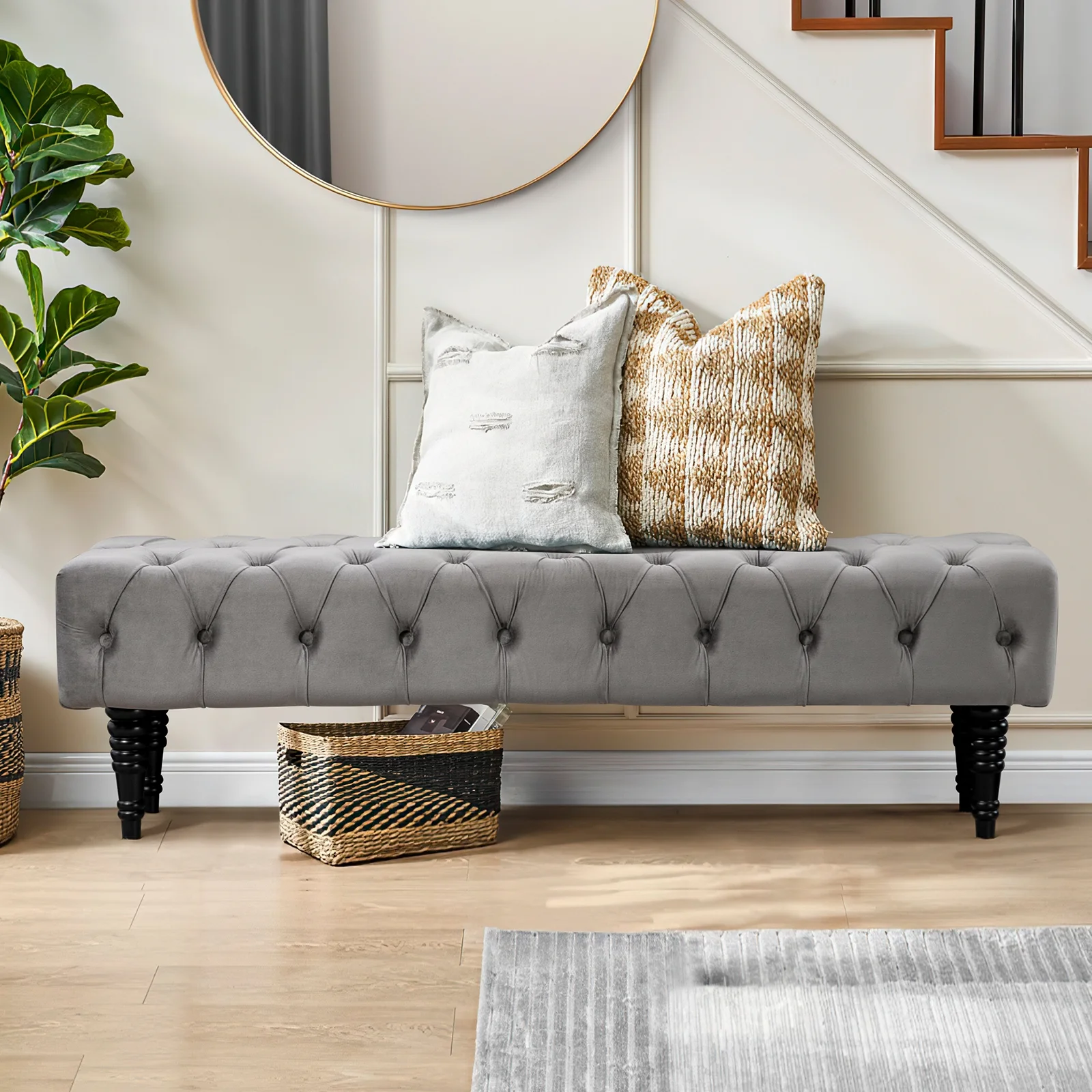 AVAWING Upholstered Tufted Ottoman Bench, Rectangular Accent Bench, Corduroy Padded Benches for Entryway, Dining Room, Living Room, Bedroom, Gray