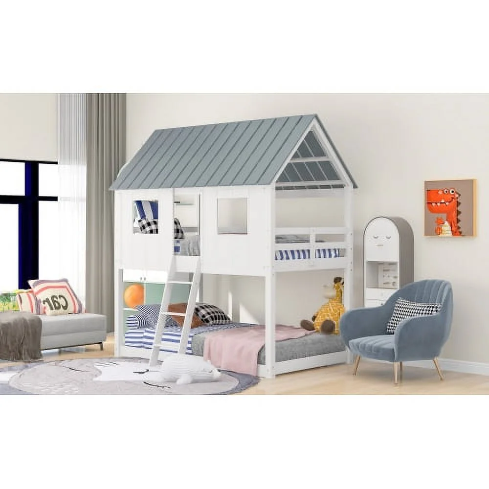 Saim House Bunk Beds with Slide, 79.6 Inches Long * 41.6 Inches Wide and 81.9 Inches High, Kids Bunk Bed with Roof, Slide Bunk Beds with Ladder for Girls, Boys, White White