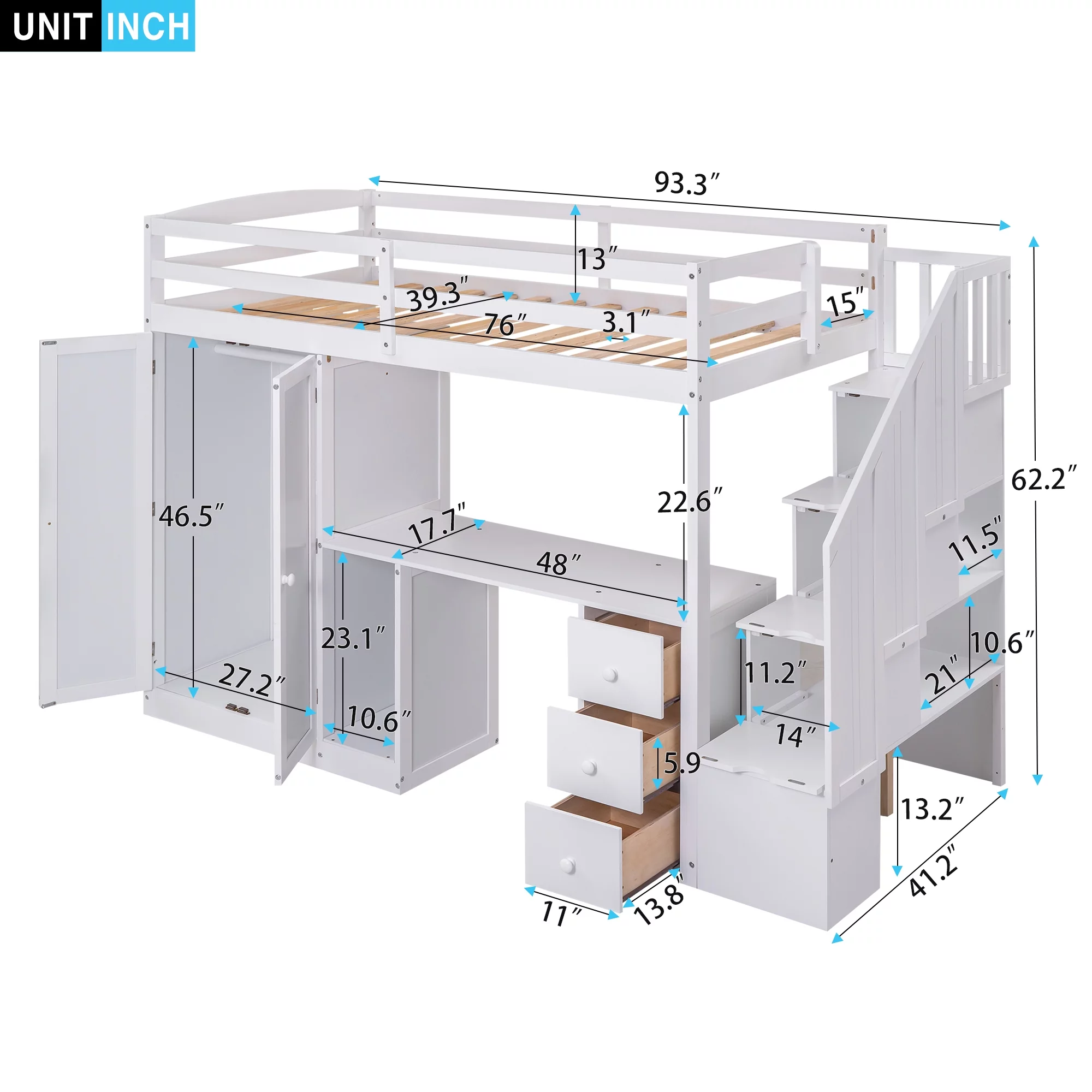 Euroco Twin Size Pine Wood Loft Bed with Desk, Drawers and Wardrobe for Kids Room, Storage Staircase, Sapce-Saving Shelf, White