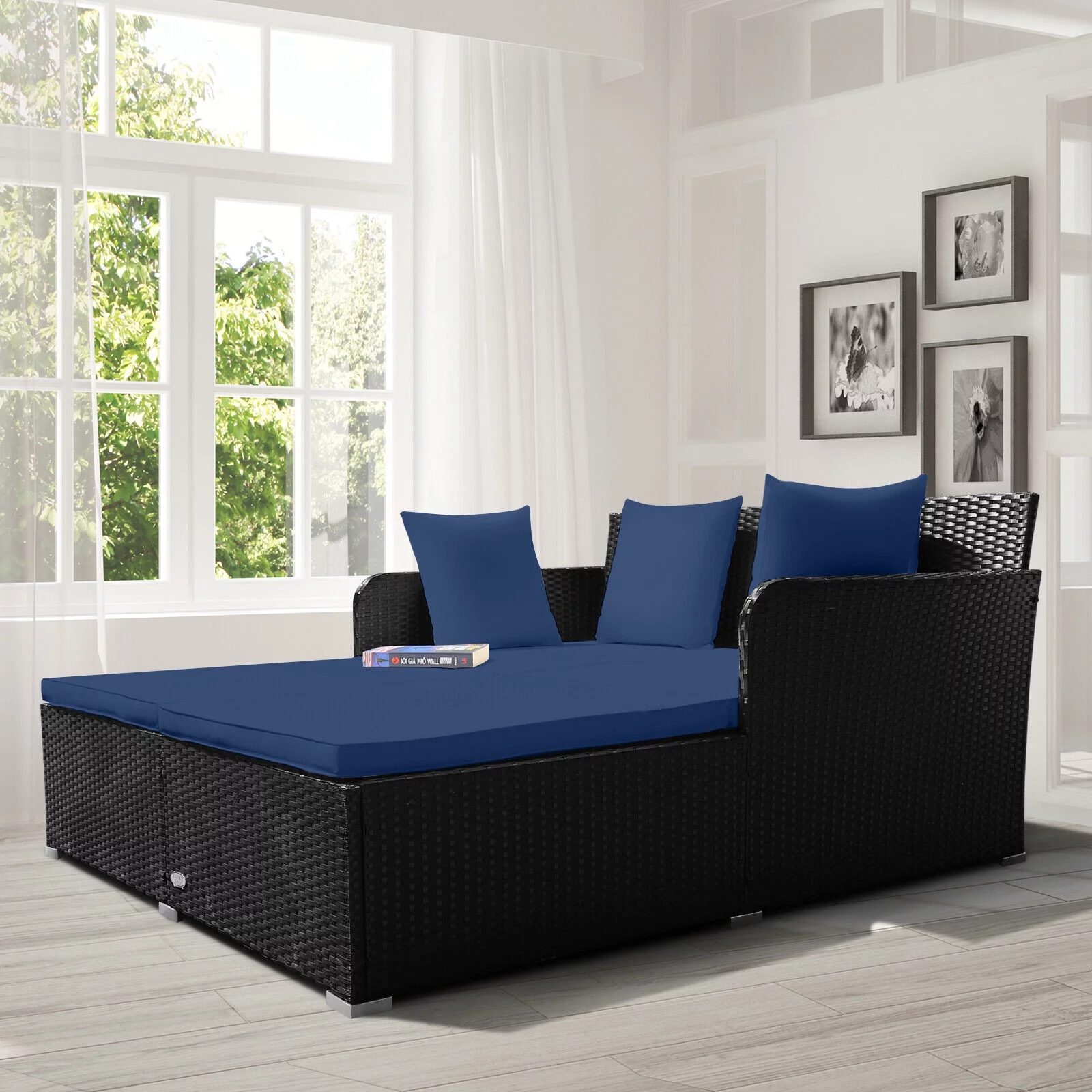 Outdoor Patio Rattan Daybed Cushioned Patio Conversation Set Sofa Furniture, Navy