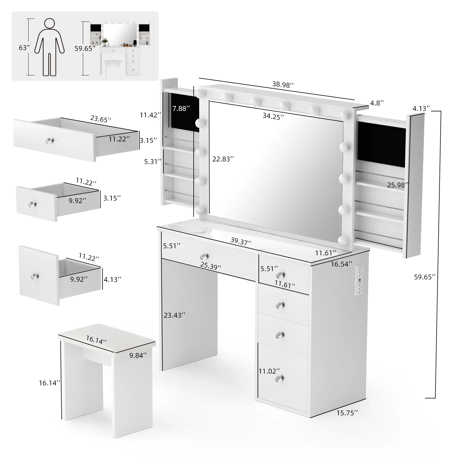 RichYa Modern Vanity Desk Makeup Table with Large LED Mirror and Power Outlet with 2 Sliding Storage White Marble