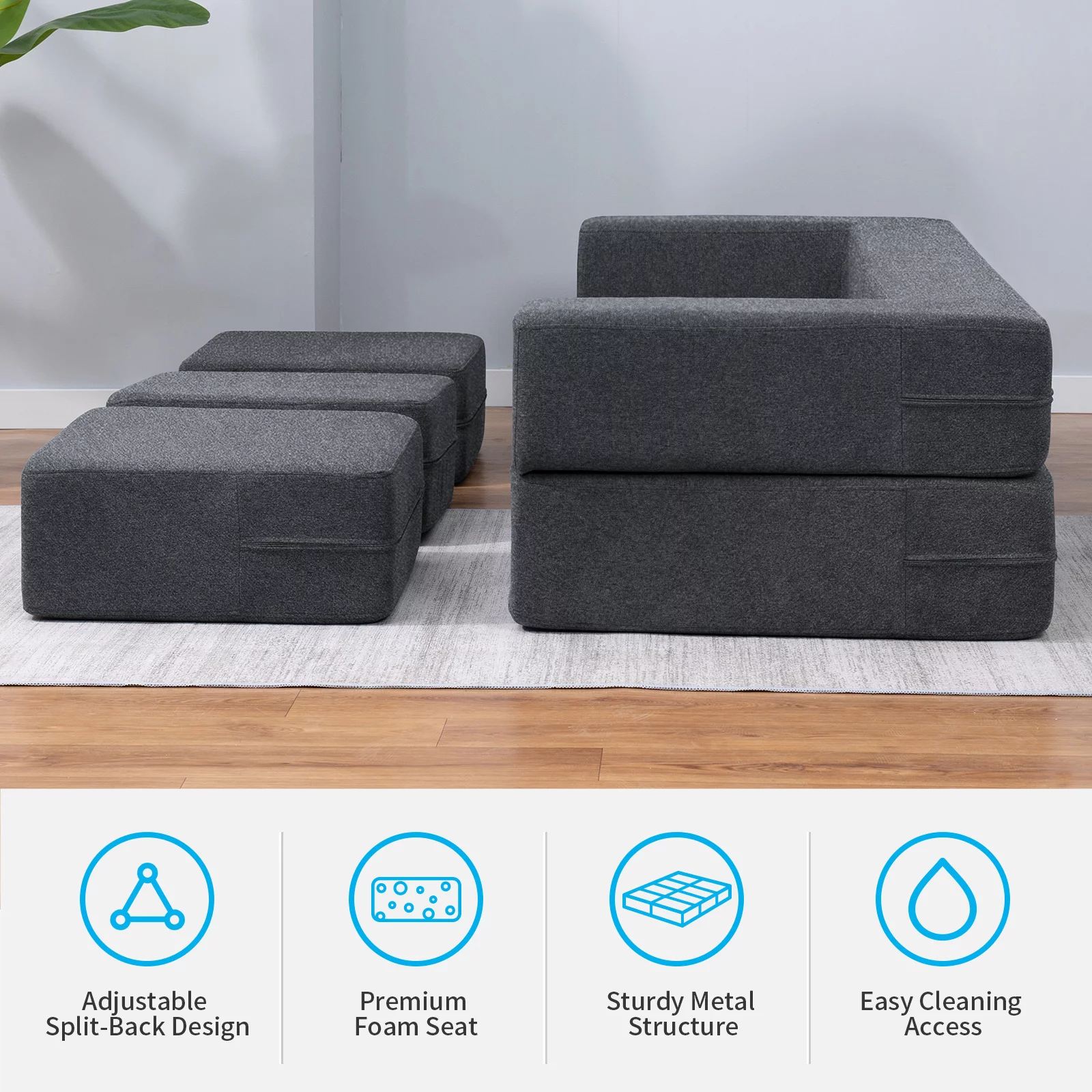 BALUS Folding Bed Couch, Sleeper Foam Sofa Bed, Cushioned Foam Mattress Comfortable Sofa, Floor Couch Sleeper Sofa Foam with 3 Ottomans for Living Room/Bedroom/Guest Room/Home Office (Dark Grey)