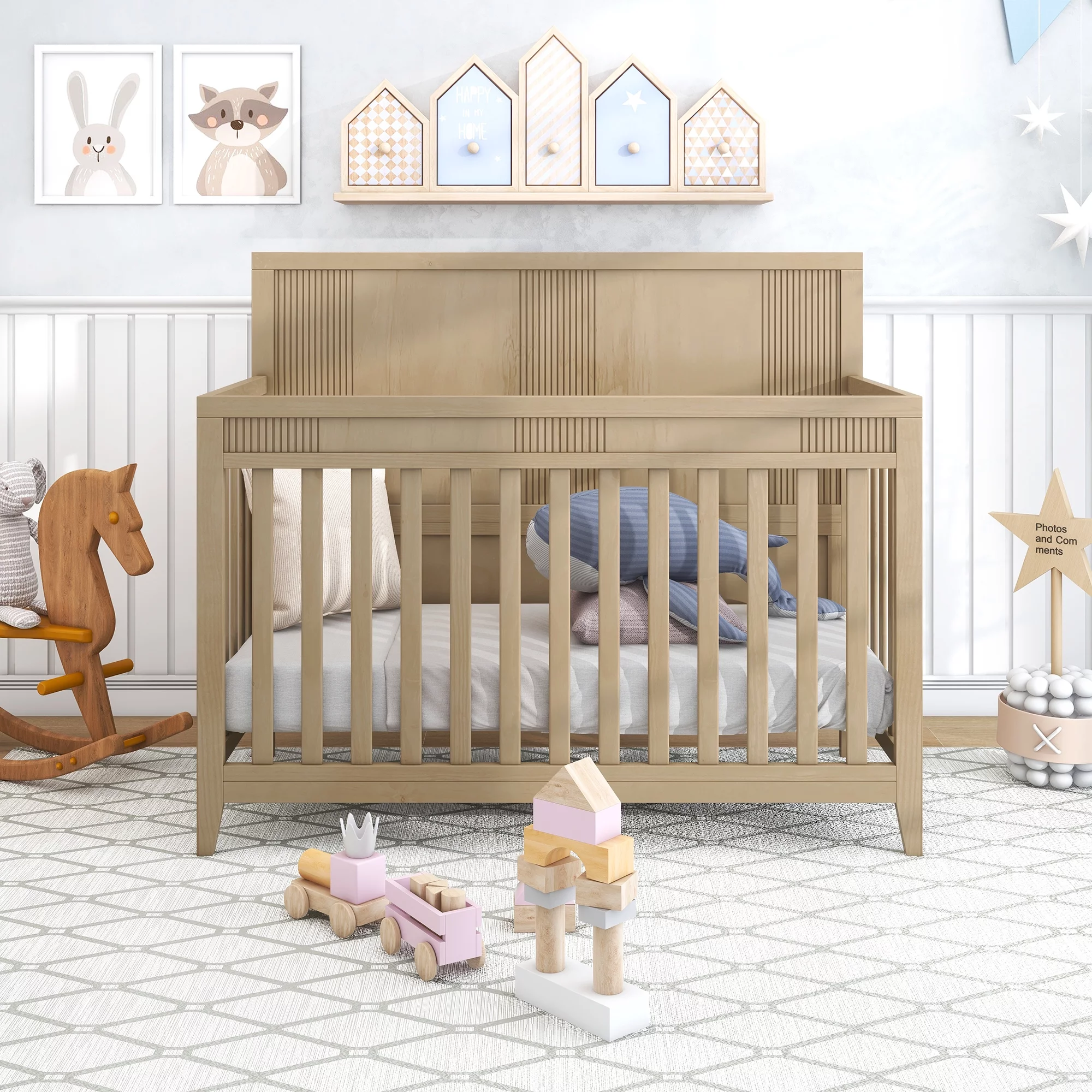 HSUNNS 4-in-1 Convertible Crib, Rustic Farmhouse Style, Certified Baby Safe Crib, Converts from Baby Crib to Toddler Bed, Daybed, and Full-Size Bed, 3 Adjustable Mattress Heights, Natural Wood