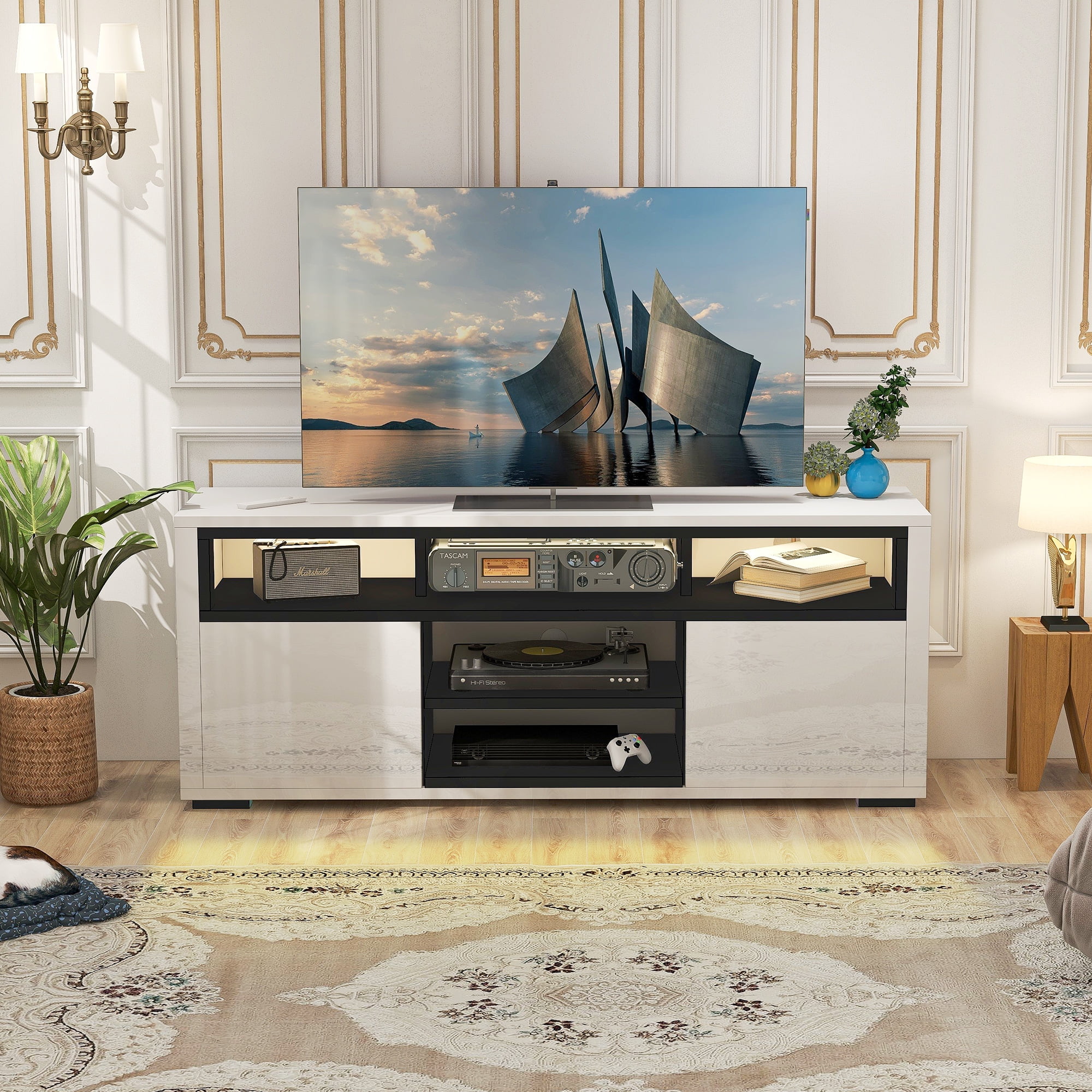 Dextrus High Gloss TV Stand with LED Ambient Lights, Modern TV Stand with Open Shelf Storage Cabinet for 62 inch TV, White