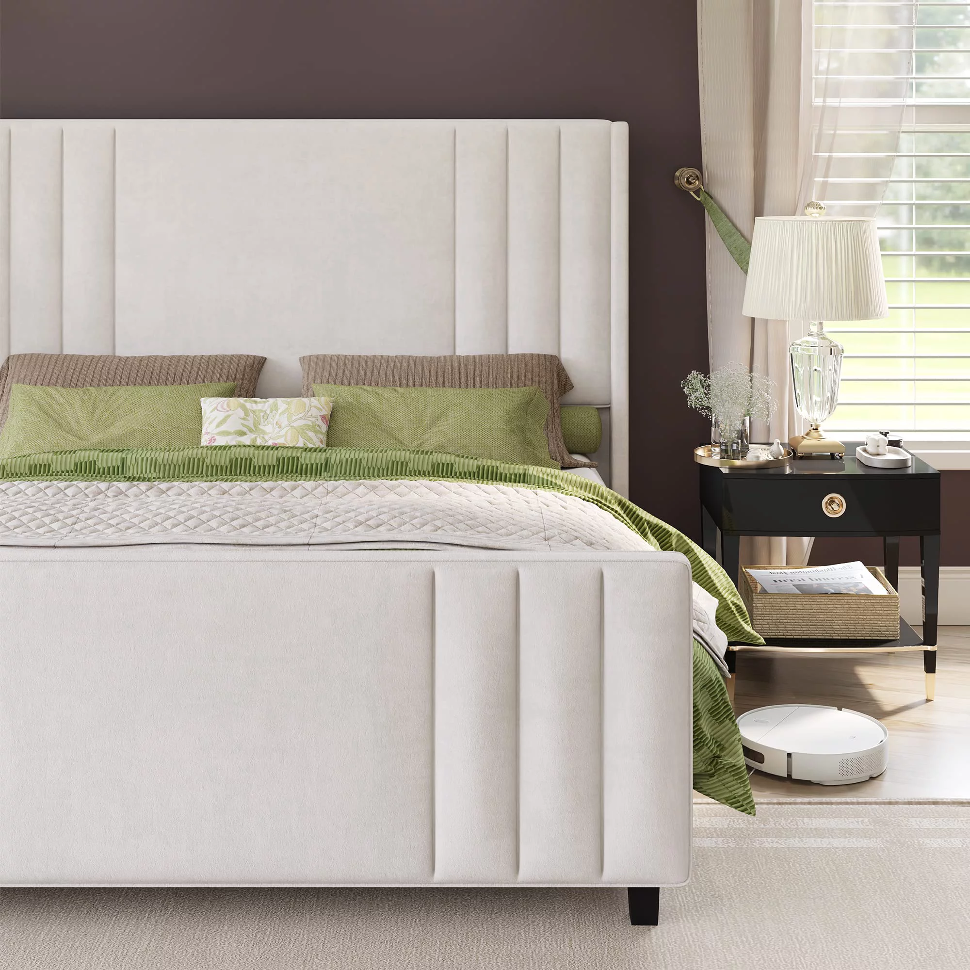Amerlife King Size Bed Frame, Velvet Upholstered Platform Bed with Vertical Channel Tufted Headboard & Footboard/Wingback, Mattress Foundation with Wood Slats, No Box Spring Needed, Cream