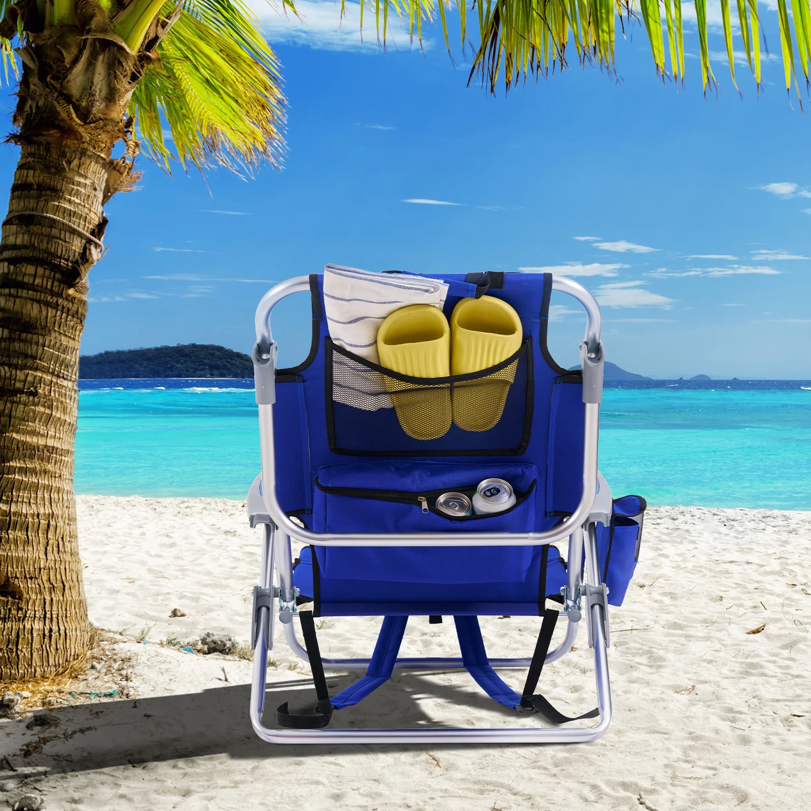 TSCOMON Beach Chair for Adults, 4 Position Portable Backpack Foldable Camping Chair with Headrest, Cup Holder, and Cooler Pouch (Blue,2 Pack)