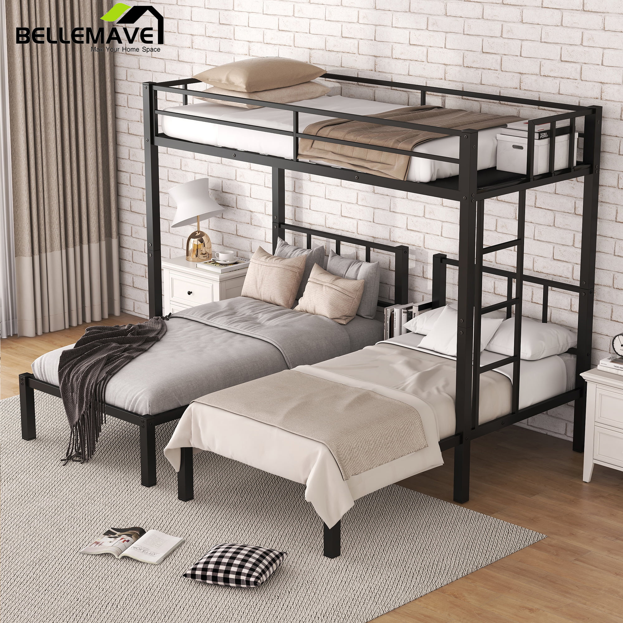 Bellemave Triple Bunk Bed Twin XL over Twin and Twin Metal Bunk Bed Frame with Storage Shelf Space Saving Bunk bed with Build-in Table Convertible 3 Bunk Bed for Kids Teens Boys Girls, Black
