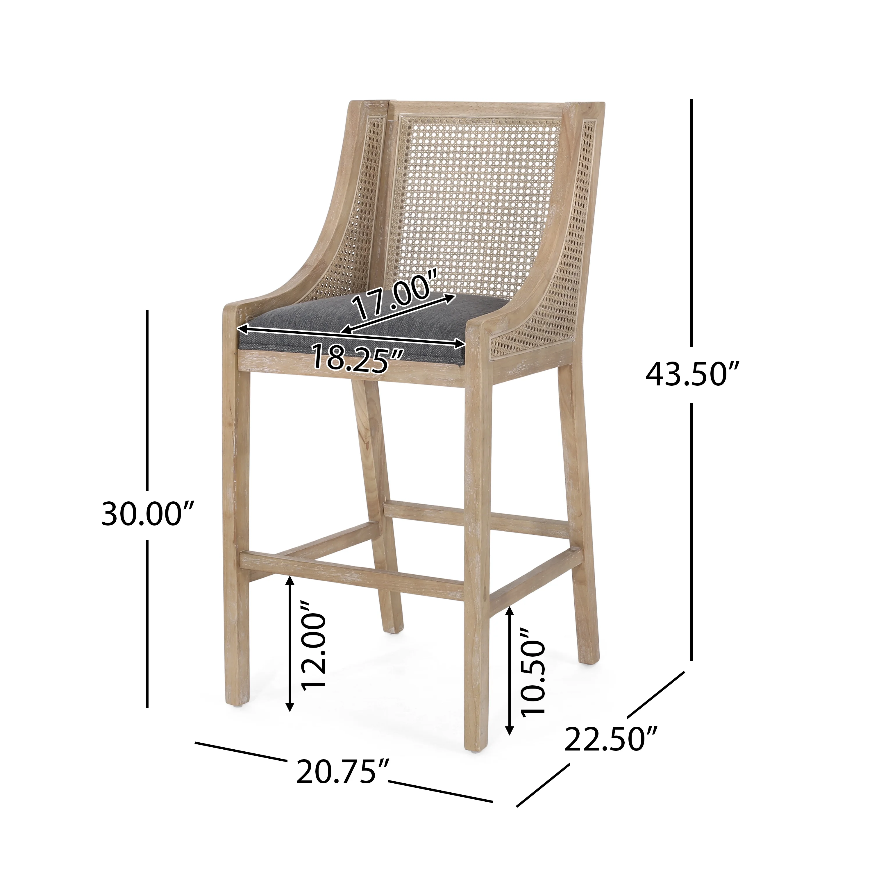 GDF Studio Oneida Rustic Fabric Upholstered Wood and Cane 30 inch Barstools, Set of 2, Charcoal and Natural