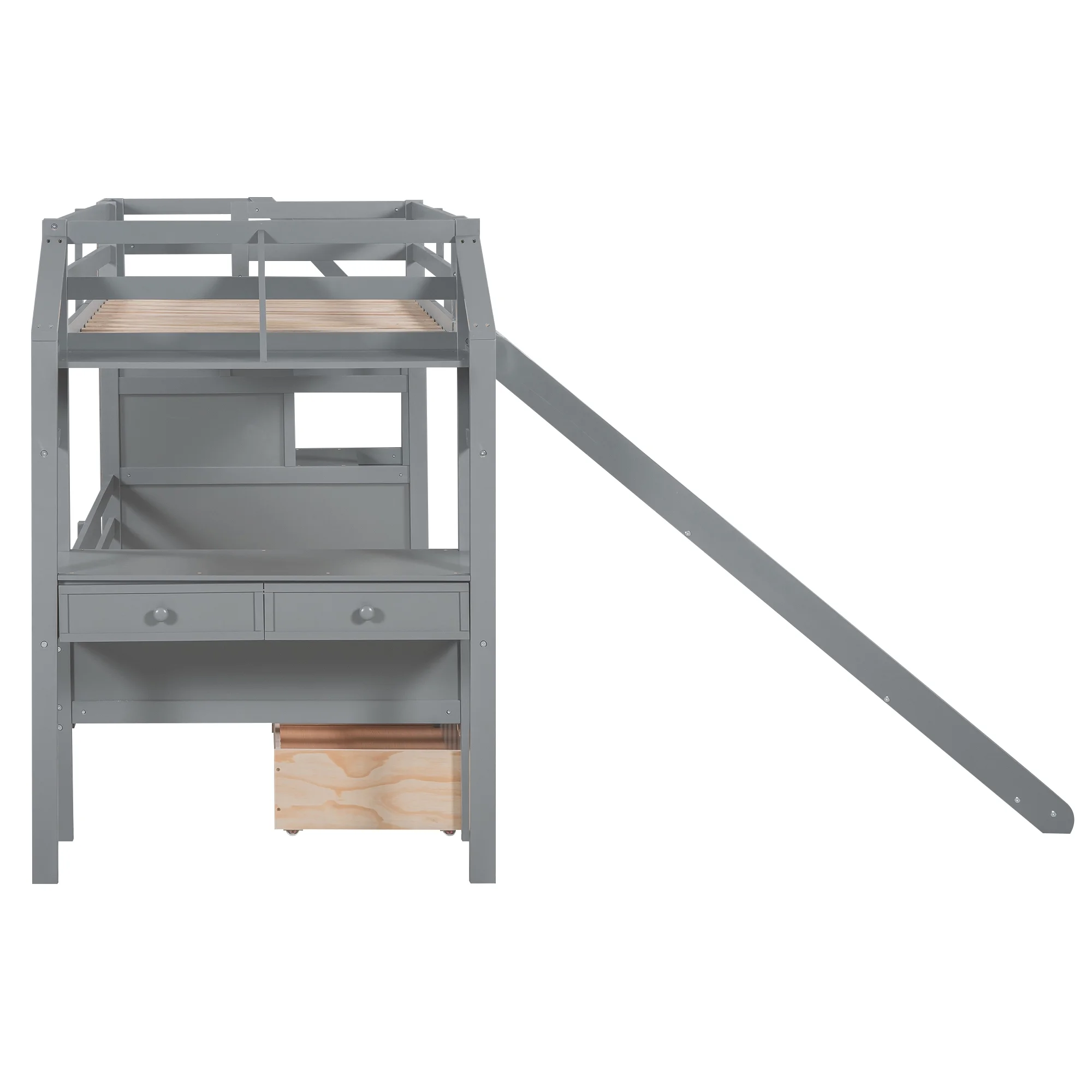 Euroco Wood Twin over Twin Bunk Bed with Desk and Slide, 4 Drawers and Shelf, Bookcase and Storage Staircase for Kids, Gray