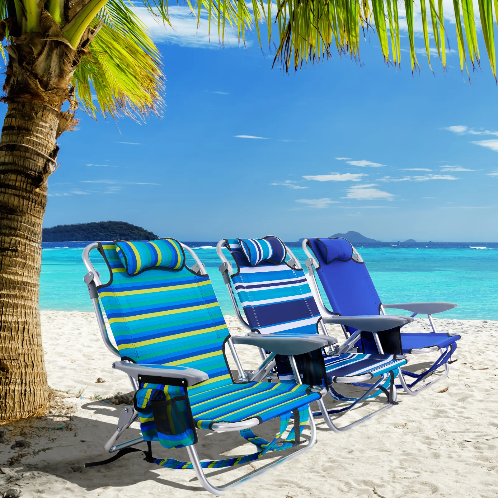 TSCOMON Beach Chair for Adults, 4 Position Portable Backpack Foldable Camping Chair with Headrest, Cup Holder, and Cooler Pouch (Blue,2 Pack)