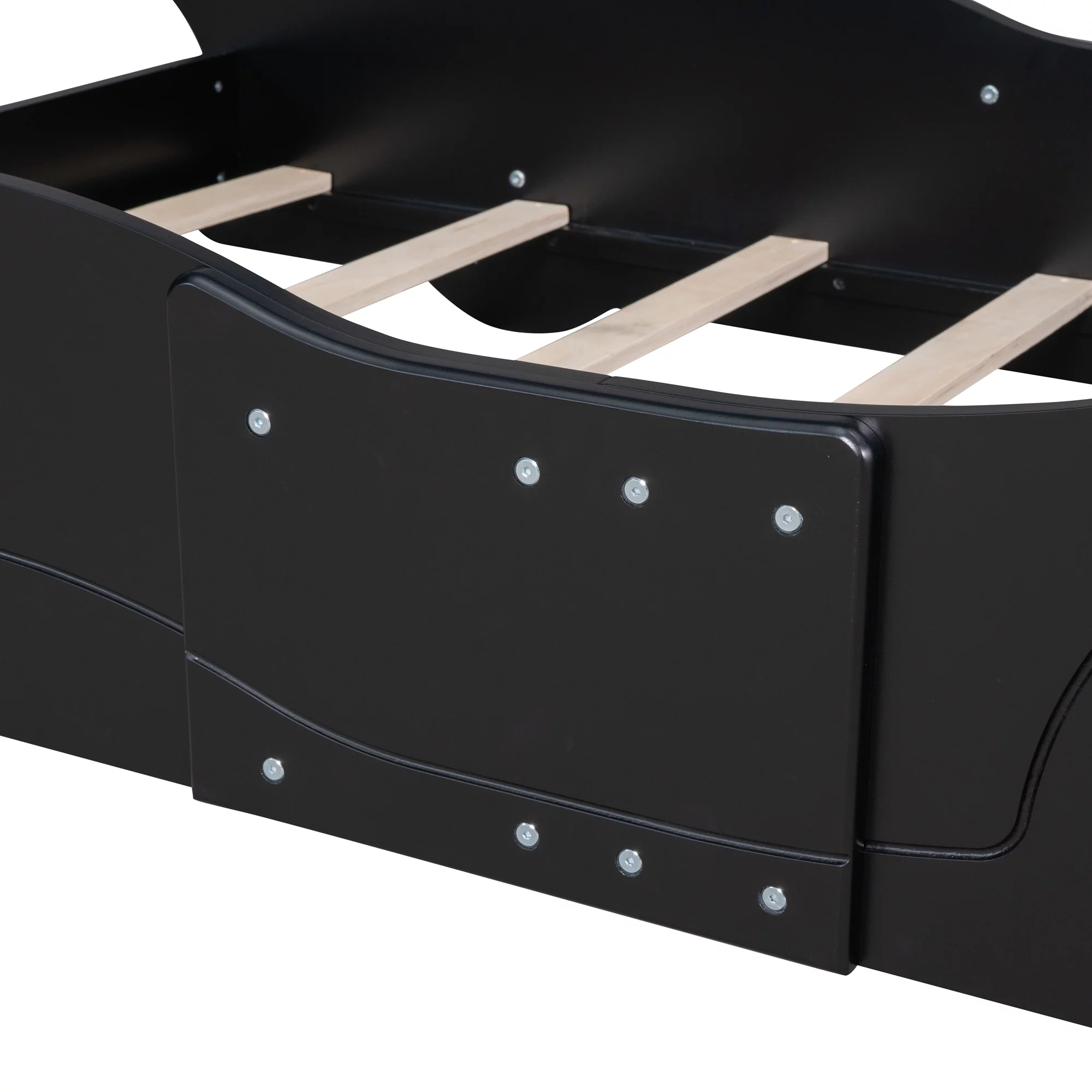 HSUNNS Twin Size Kids Race Car-Shaped Platform Bed with Wheels, Wooden Funny Twin Kids Bed Frame with 2 Sides Safety Rails for Boys Girls Toddlers Kids’ Bedroom, No Box Spring Needed, Black