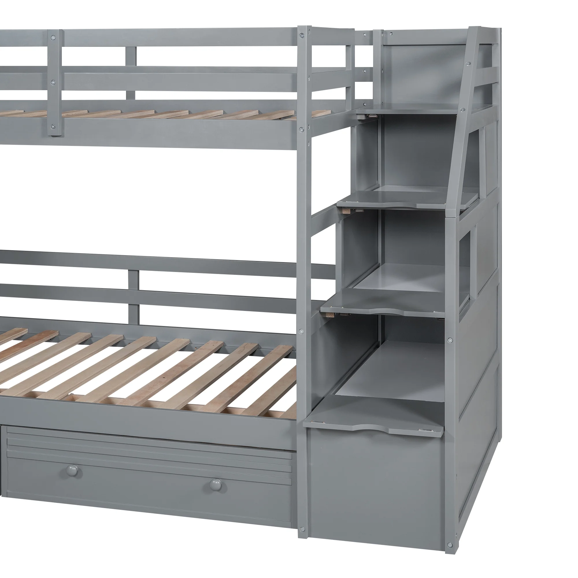 Euroco Wood Twin over Twin Bunk Bed with Desk and Slide, 4 Drawers and Shelf, Bookcase and Storage Staircase for Kids, Gray