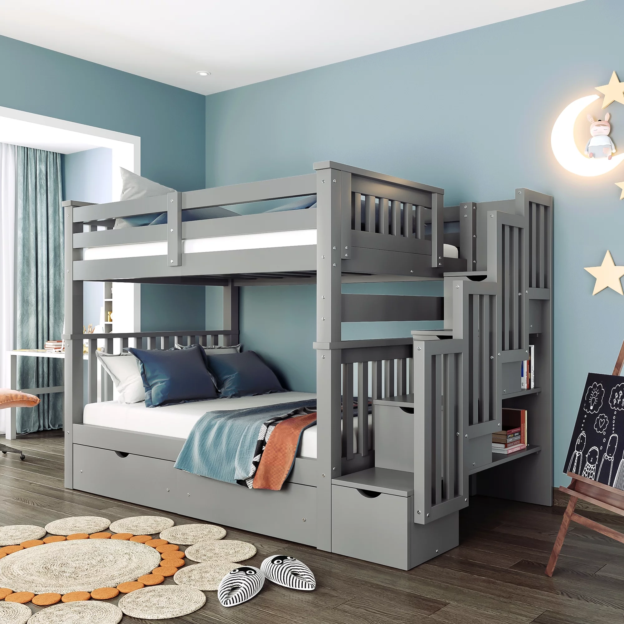 Docooler Full Over Full Bunk Bed with Shelves and 6 Storage Drawers, Gray