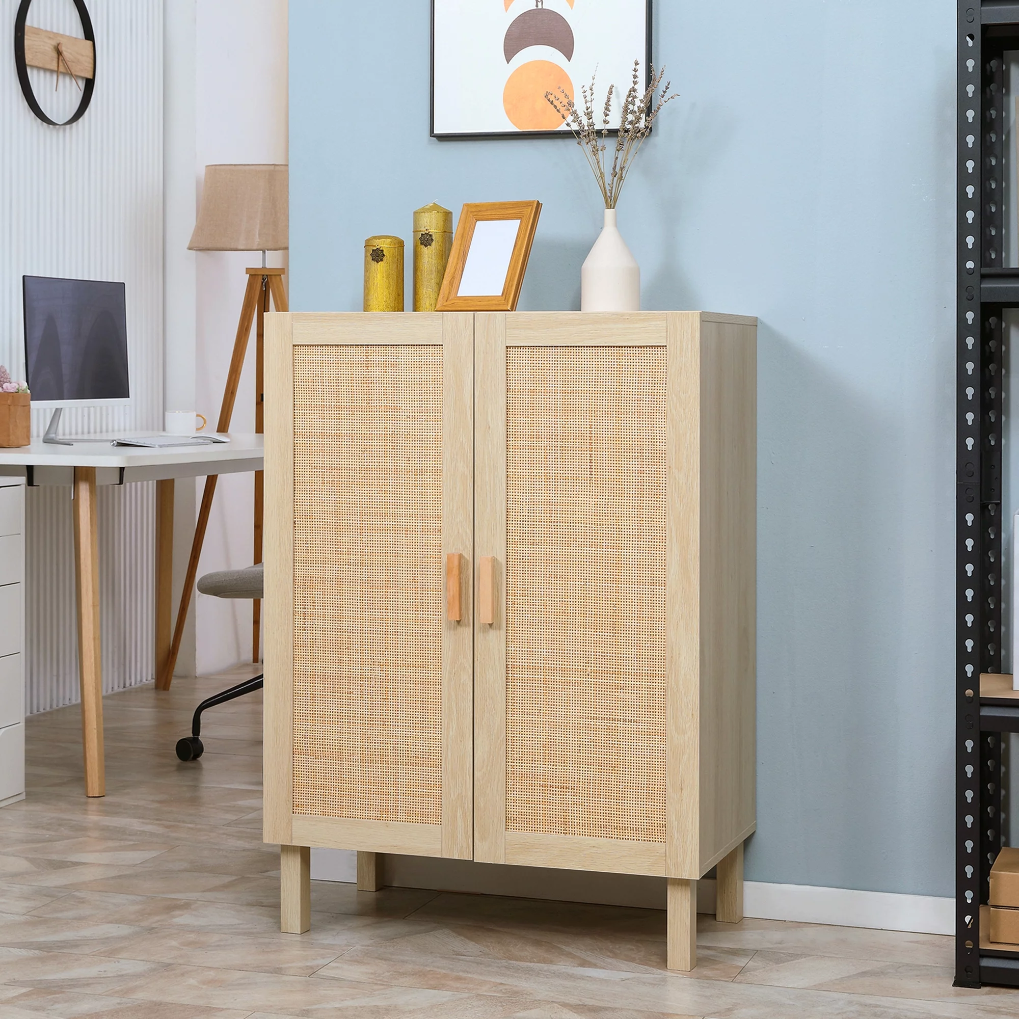 HOMCOM Kitchen Storage Cabinet with Rattan Doors and Adjustable Shelves