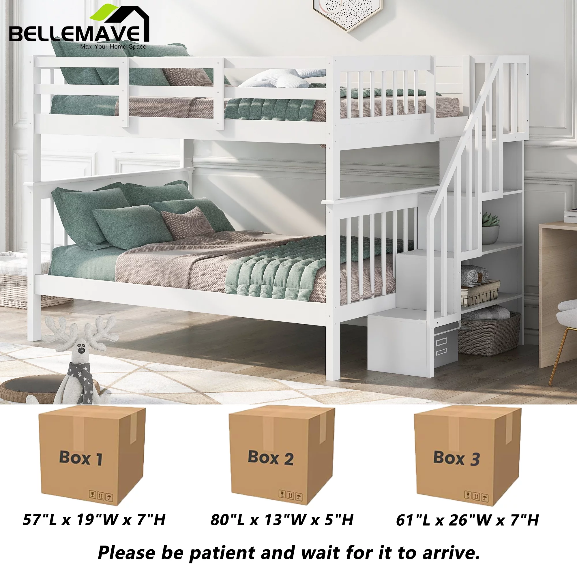 BELLEMAVE Full over Full Bunk Beds for Kids, Kids Bunk Beds with Storage Stairs and Full-Length Guardrail, Convertible Into 2 Bed, No Box Spring Needed(White)