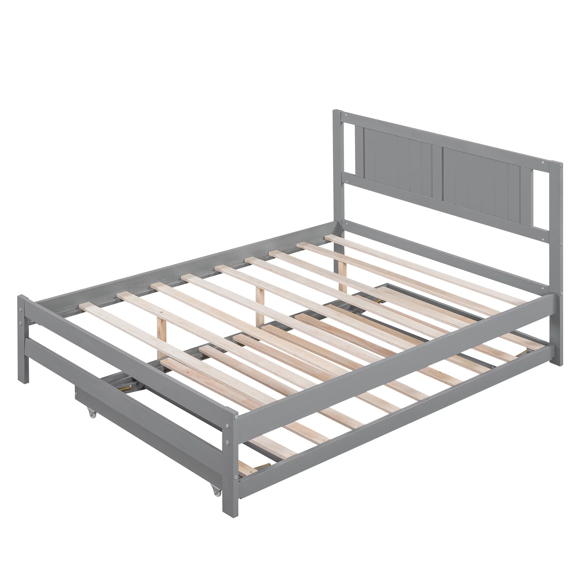 Euroco Wood Full Size Platform Bed with Trundle Frame Set, Wooden Bed Frame with Convertible Trundle Bed for Kids Teens Adulst, Gray