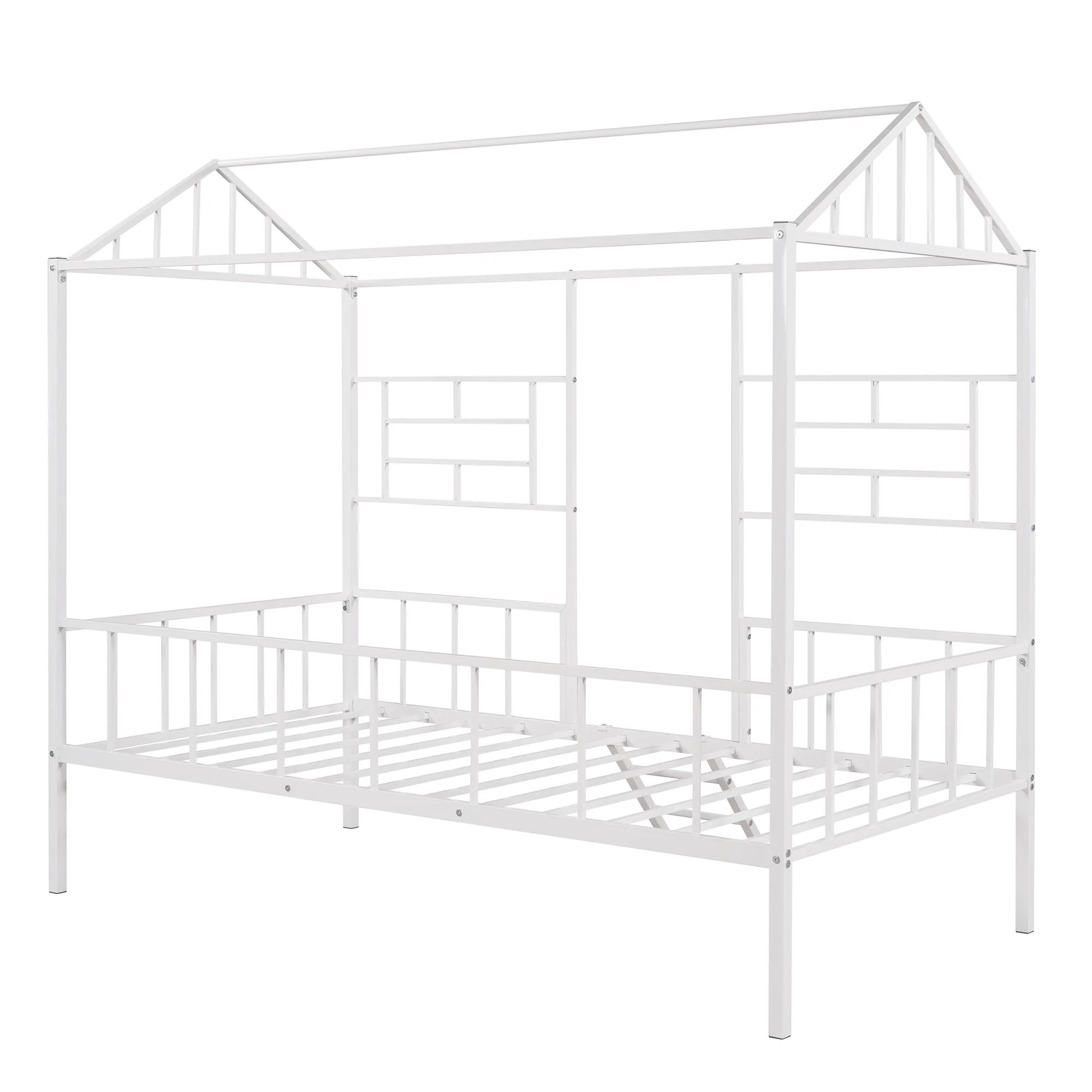 Bellemave Twin House Bed with Rails, Metal Cabin Bed Frame with Ladder, Playhouse Bed for Toddler Kids Boys Girl Teens (Twin Size, White)