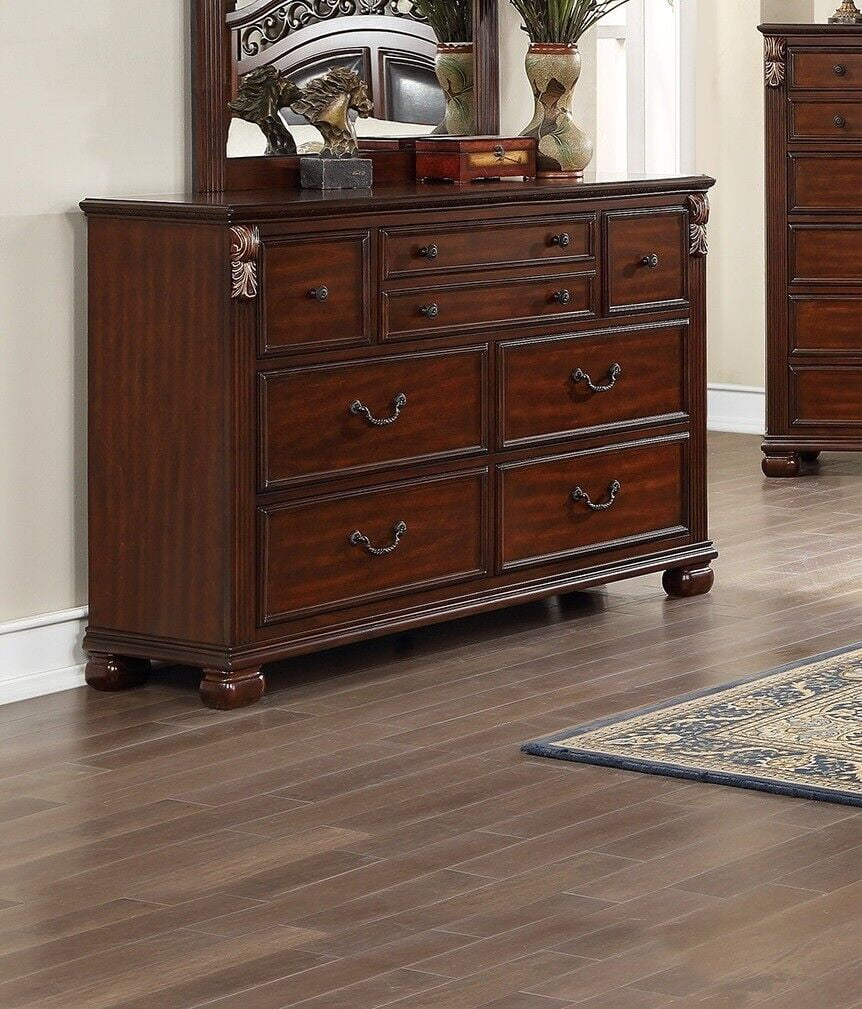 Royal Gorgeous Traditional Queen Bed Dresser Mirror Chest Wooden Brown Finish 4pc Set Bedroom Furniture