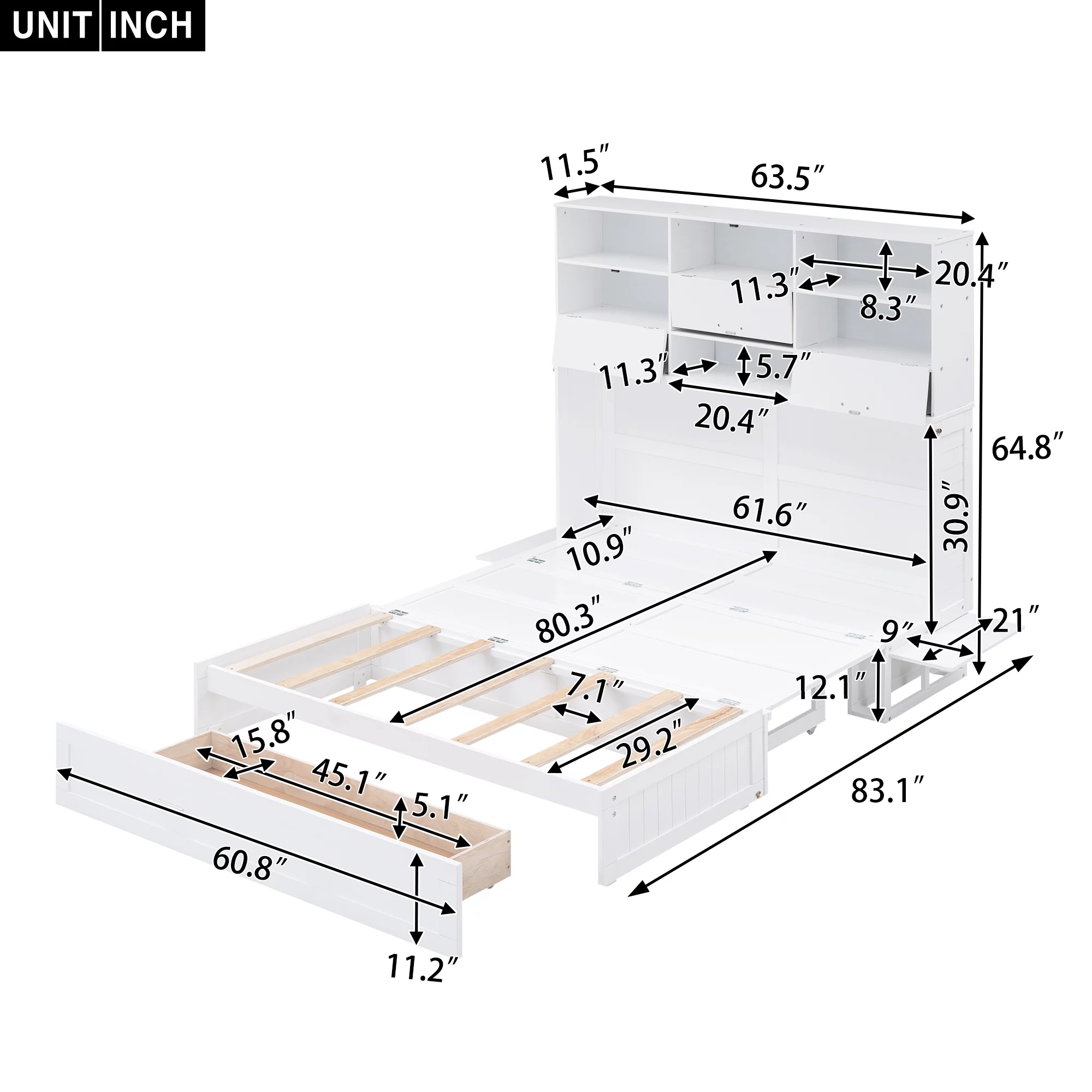 Euroco Queen Size Murphy Bed with Bookcase, Shelf and Drawer, Convertible into a Cabinet with Bookcase for Living Room, Space-Saving & Easy Open and Close, White