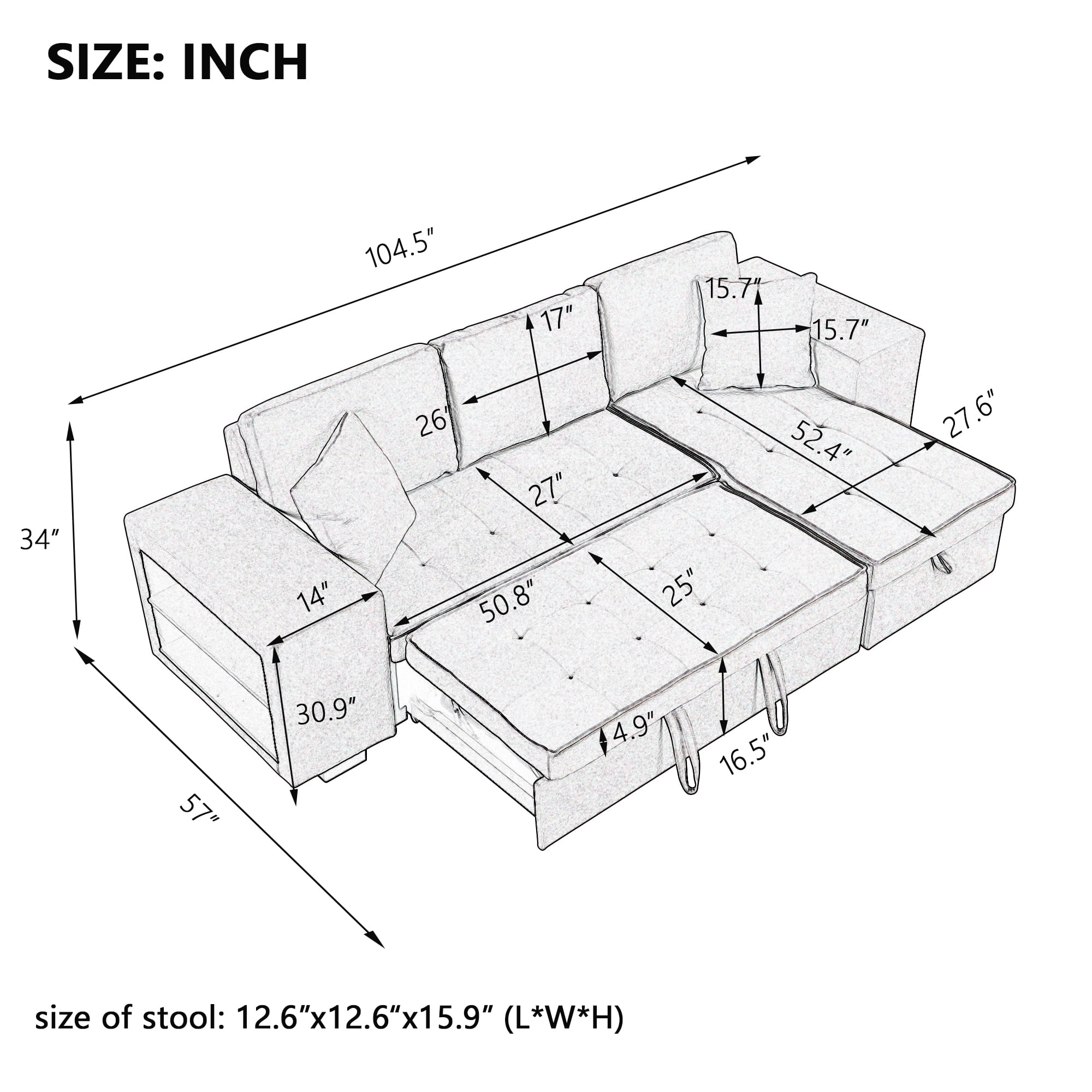 Euroco L-Shape Sectional Sofa 3 Seat Reversible, Pull Out Sleeper Sofa with Chaise, Storage Couch with 2 Stools for Living Room Furniture Set, Light Gray, 104