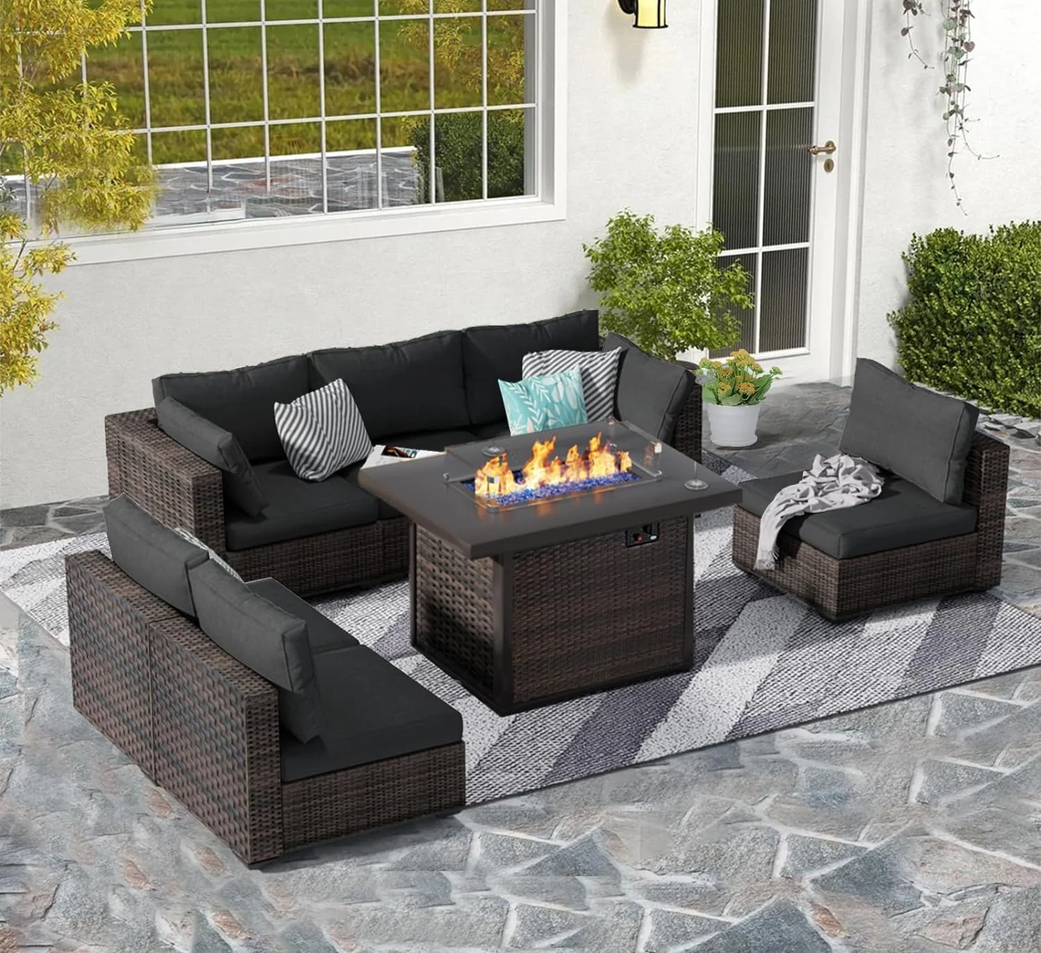Gaildon 7 Piece Patio Furniture Set with Fire Pit Table, All Weather Outdoor Sectional PE Rattan, Patio Conversation Sets with Cushions and Glass Coffee Table for Garden Lawn Balcony Porch Deck