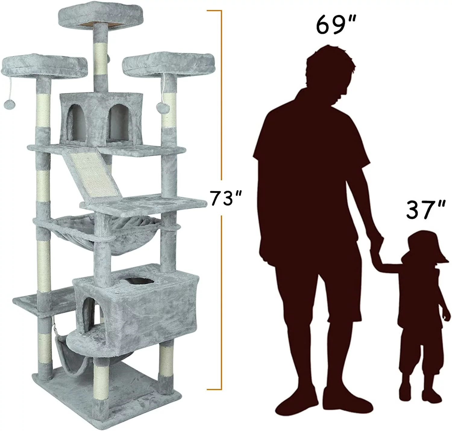 73 inches XXL Cat Tree Multi-Level Cat Tower Cat Furniture for Large Cats with Scratching Posts,Padded Plush Perch, Cozy Basket and Hammock