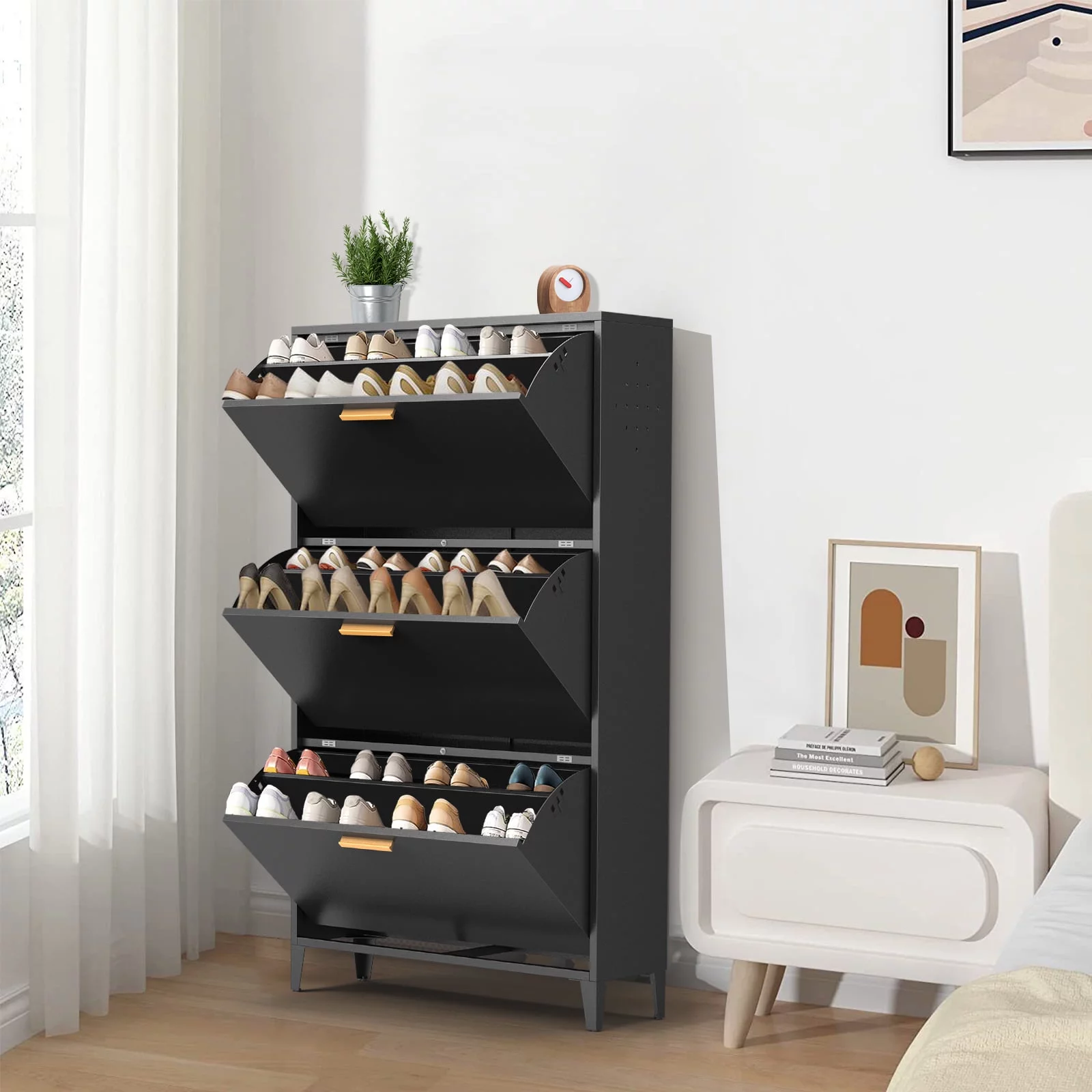 Kavey Modern Metal Shoe Cabinet with 3 Flip Drawers, Wall Mount & Floor Mount Shoe Organizer, All Steel Black Narrow Shoe Storage Cabinet for Entryway, Hallway and Corridor